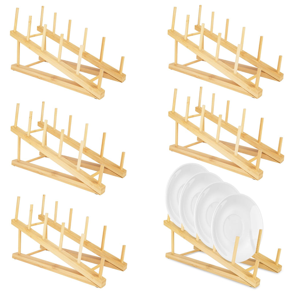 6 PCS Bamboo Dish Drying Rack Wooden Pot Lid Holder, SHAIDOJIO Plate Stand Drainer Kitchen Cabinet Organizer for Dish, Pot Lids, Bowls, Cups, Cutting Boards, Books (5 Slots)