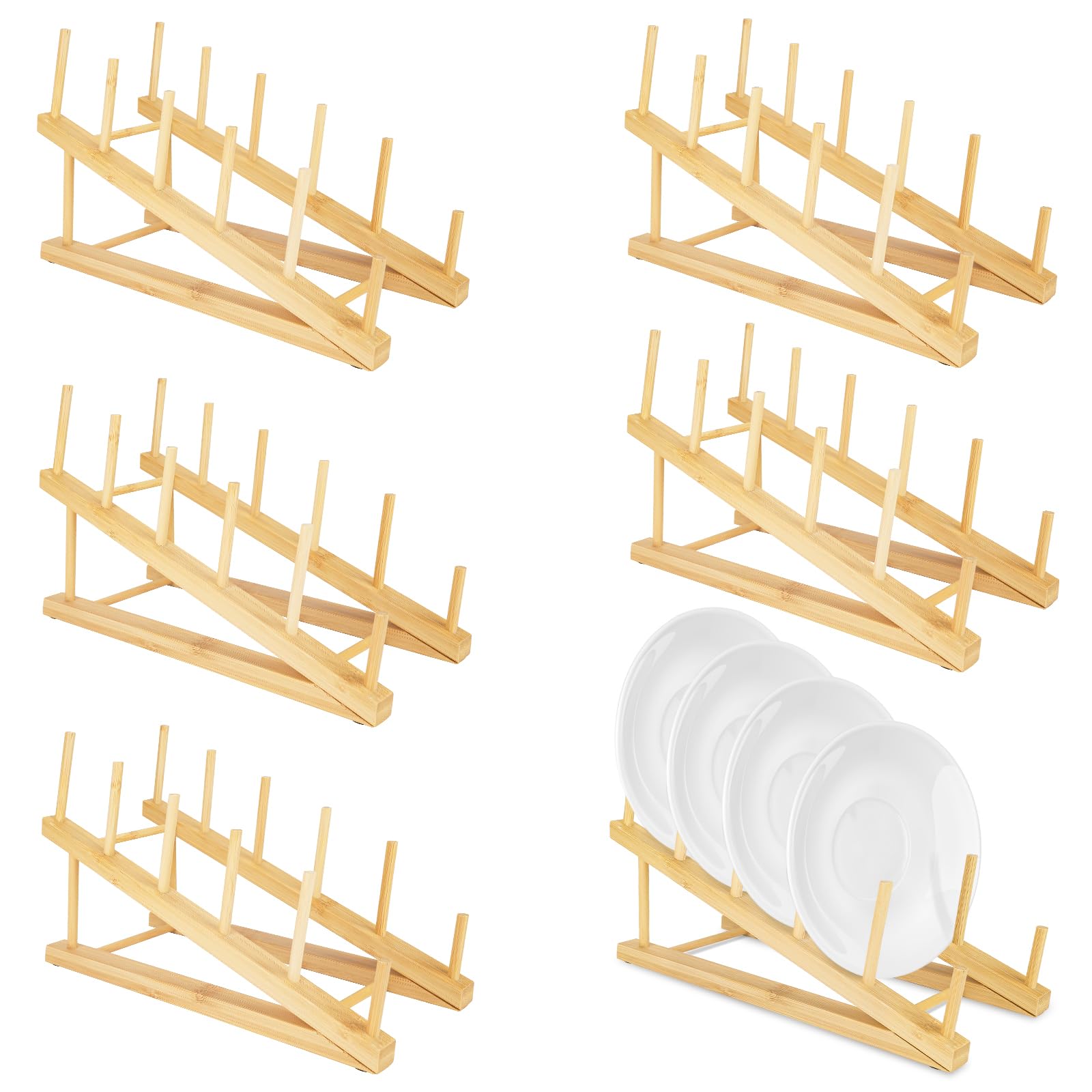 6 PCS Bamboo Dish Drying Rack Wooden Pot Lid Holder, SHAIDOJIO Plate Stand Drainer Kitchen Cabinet Organizer for Dish, Pot Lids, Bowls, Cups, Cutting Boards, Books (5 Slots)