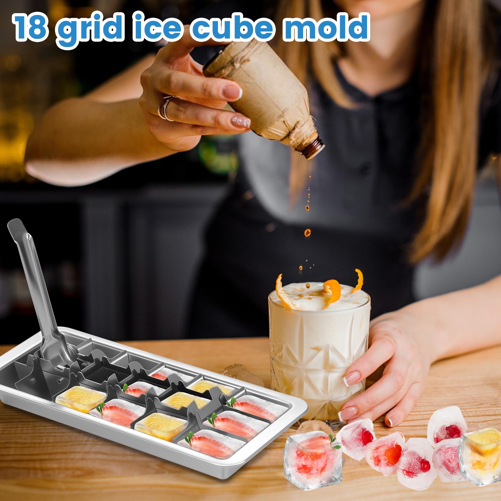 Stainless Steel 18 Slots Ice Tray with Lever, Vintage Style Ice Cube Tray with Clamp, Dishwasher Safe Metal Ice Cubes Mold for Home Kitchen Bar Use