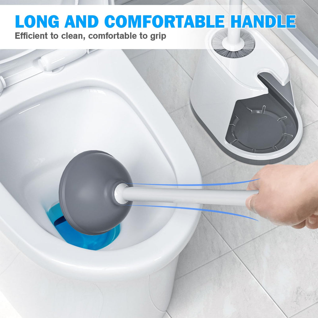 Toilet Plunger and Brush Set, Bowl Brush and Heavy Duty Toilet Brush with Ventilated Holder, 2-in-1 Toilet Brush and Plunger Combo for Bathroom Deeply Cleaning(White & Grey)