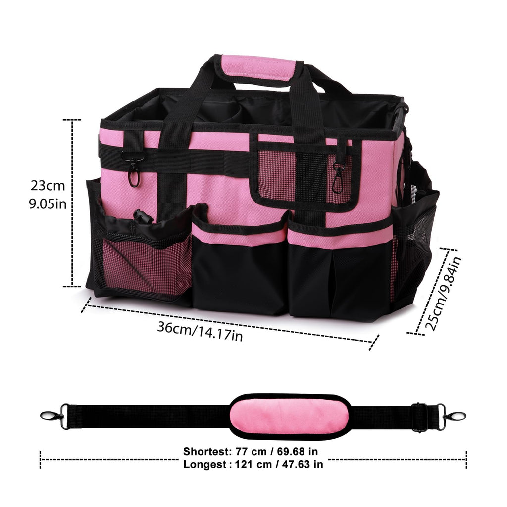 Large Cleaning Caddy Bag With 4 Foldable Dividers Cleaning Organizer with Detachable Divider Cleaning Supplies Organizer with Adjustable Shoulder Strap&Wais for Cleaners & Housekeeper(Black-pink)