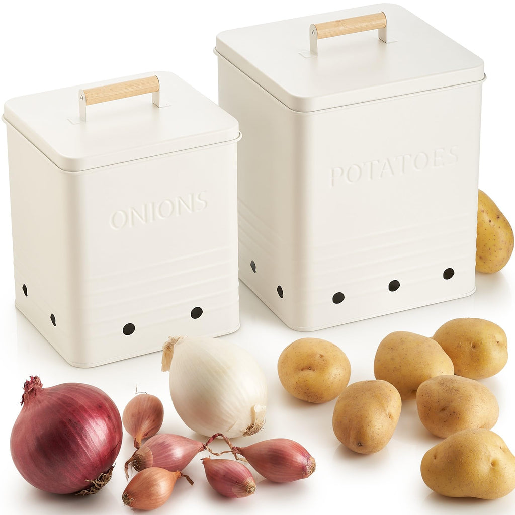 ZICOTO Beautiful Potato Storage Box Set of 2 For Kitchen Countertop - Perfect Storage Containers For Onion, Garlic, Vegetable - Food Safe Metal Holder Bin Set For Fruits
