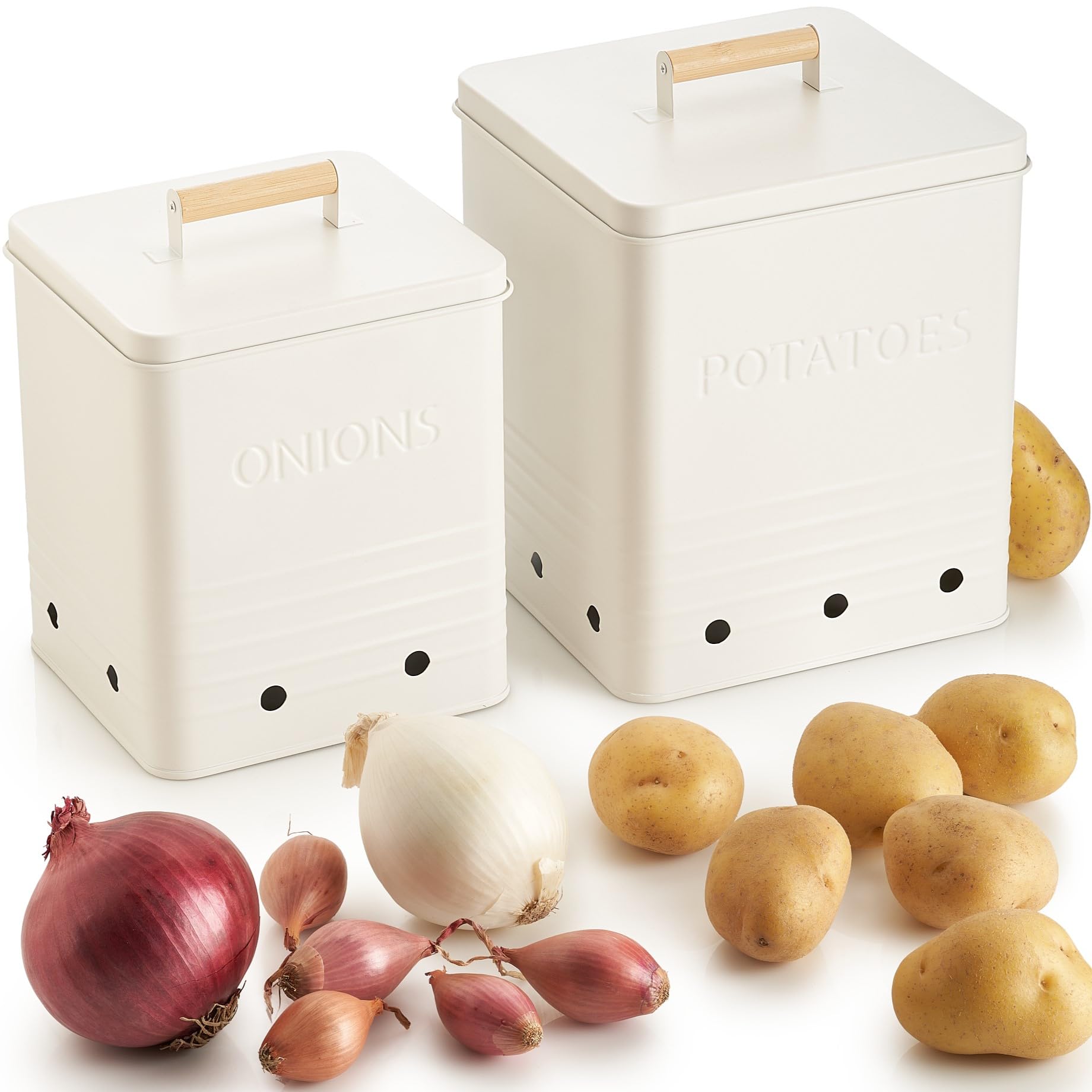 ZICOTO Beautiful Potato Storage Box Set of 2 For Kitchen Countertop - Perfect Storage Containers For Onion, Garlic, Vegetable - Food Safe Metal Holder Bin Set For Fruits