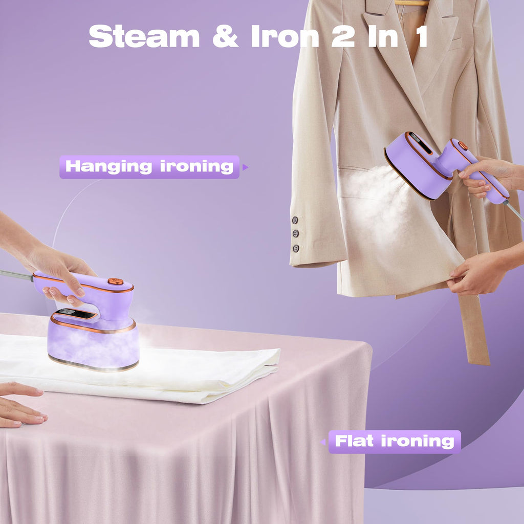 Portable Travel Steamer for Clothes, 2 in 1 Small Spray, 180° Rotating Handle, Lightweight, Quick-Heating, Easy to Use (Purple)