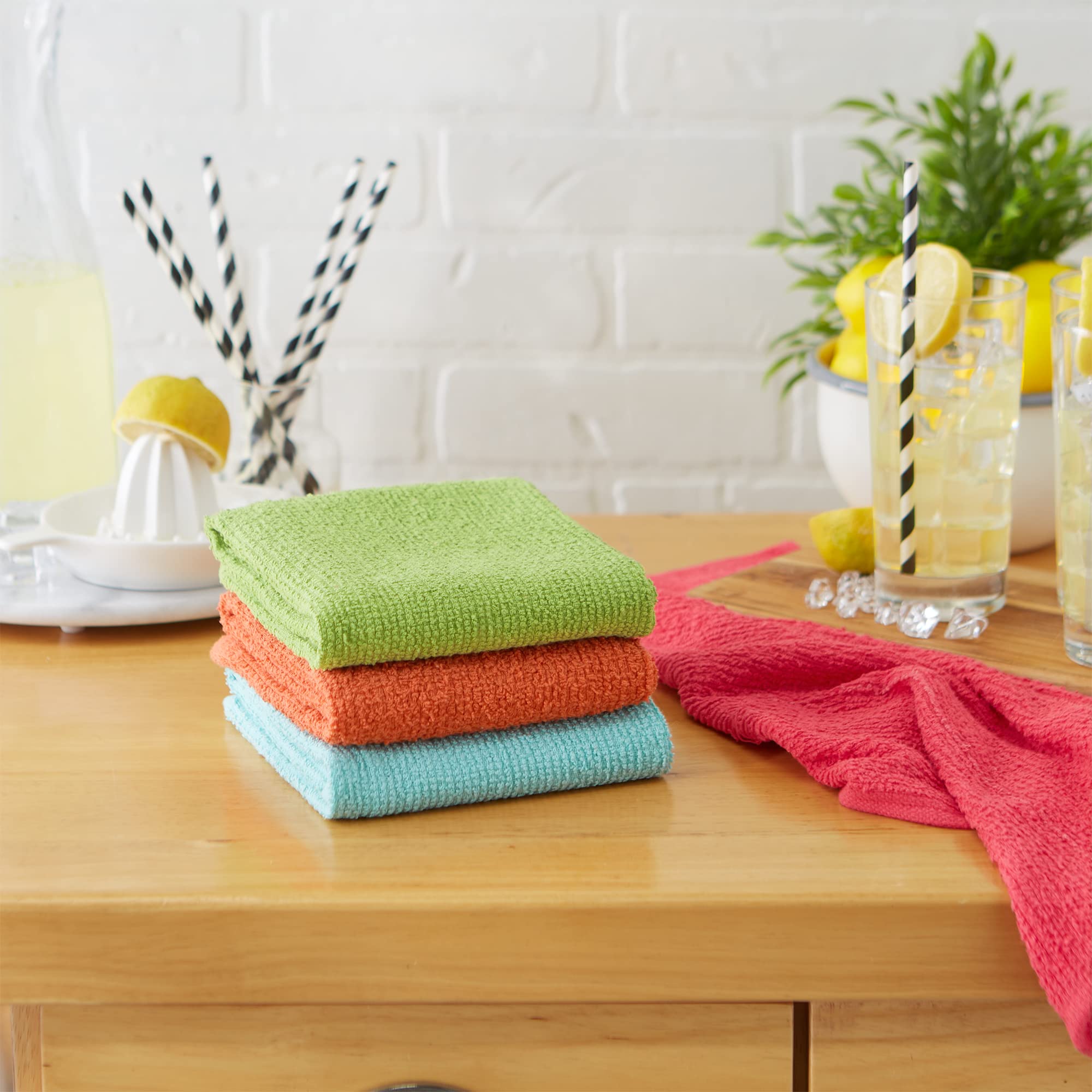 DII 100% Cotton, Machine Washable, Ultra Absorbent, Everyday Kitchen Basic, Utility, Bar Mop Dishtowel 16 x 19 Set of 4- Brights