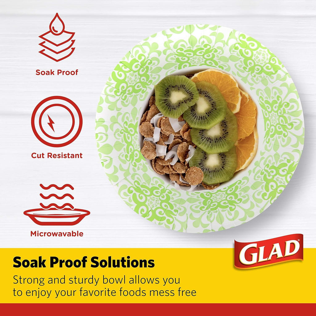 Glad Round Disposable Paper Bowls, Green Victorian Design - Heavy Duty, Soak Proof, Cut-Resistant, Microwavable Bowl for All Foods & Daily Use, 16 Oz, 15 Count - 2 Pack