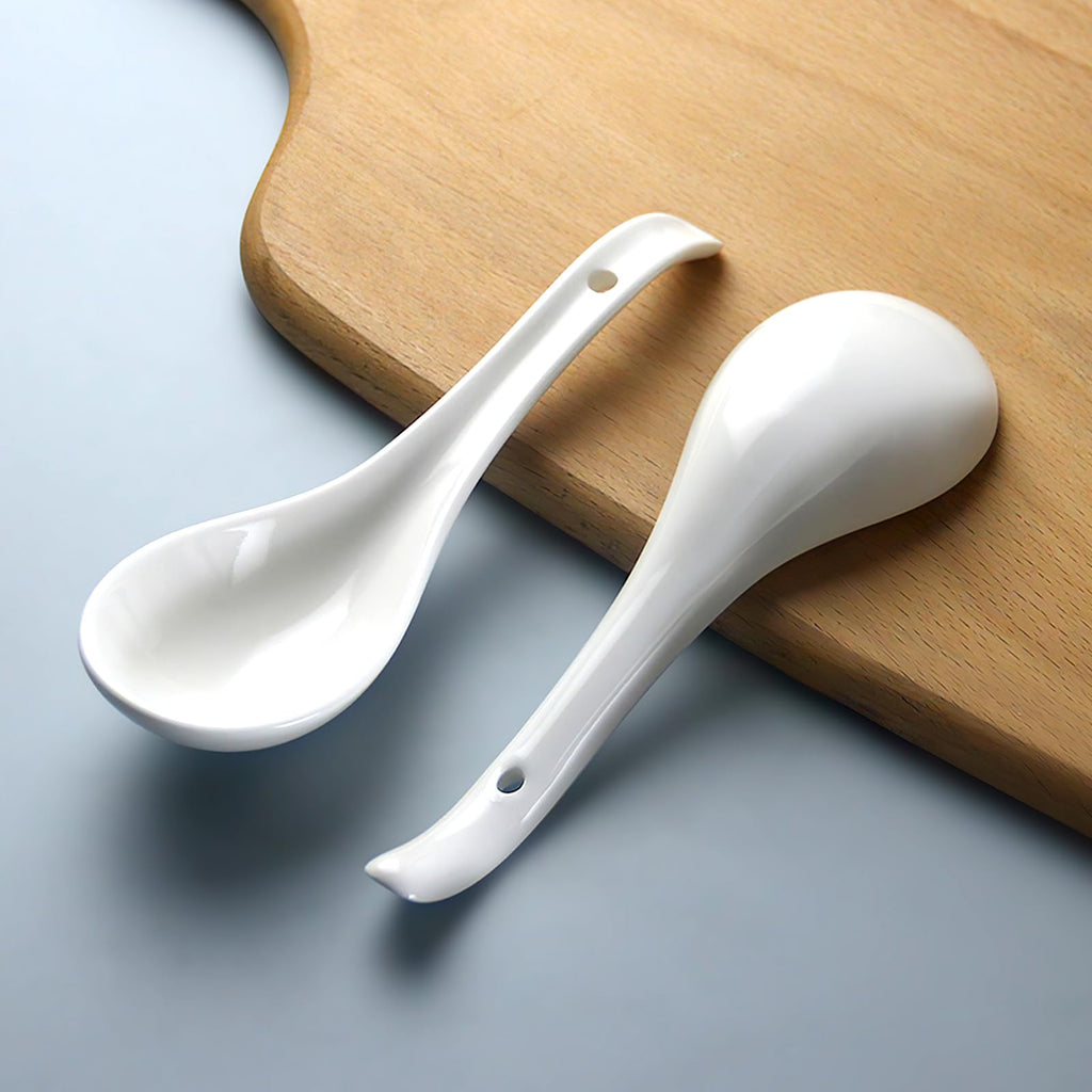 IQCWOOD White Asian Soup Spoons Set of 6, 6.75 inch Porcelain Spoon, Japanese Soup Spoons for Cereal Ramen- Deep Oval Hook Design