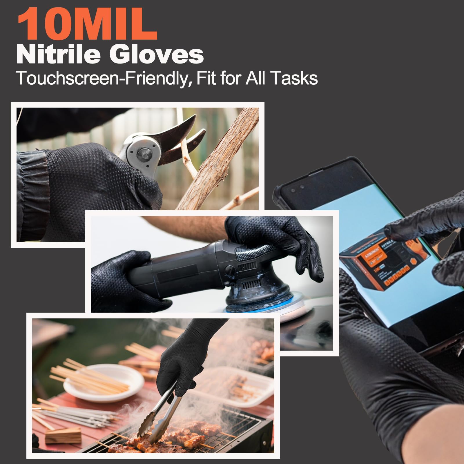 ANBOSON 10 Mil Black Nitrile Disposable Gloves, Mechanic, Safety Work Gloves, Latex & Powder Free, Fully Diamond Textured (Black of 100, Large)