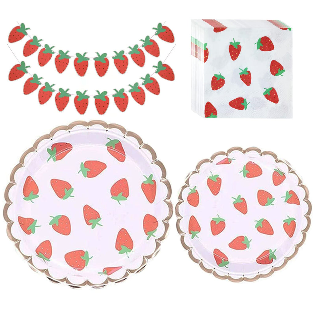Strawberry Birthday Party Disposable Tableware Set with Plates, Napkins and Banners for Fruit Party, Picnic, Wedding, Baby Shower, 20 Guests (Strawberry 1#)