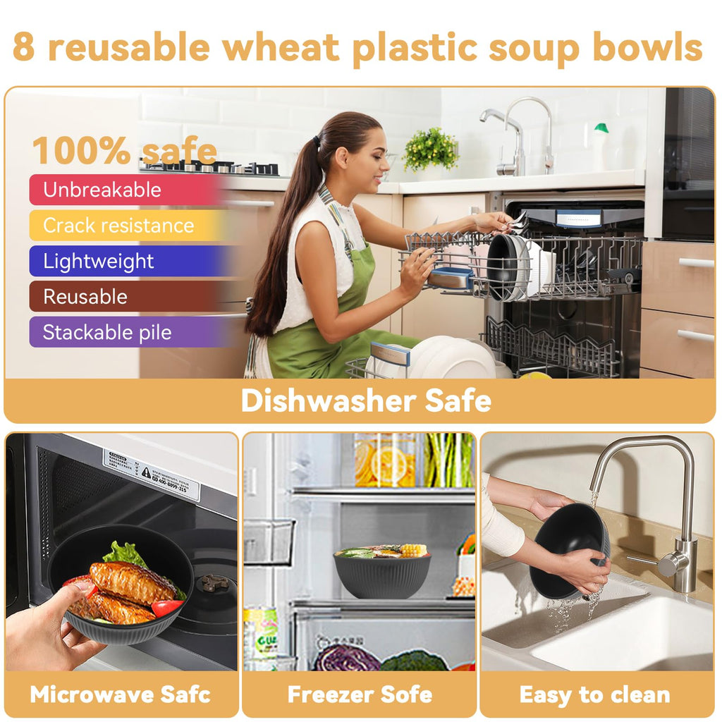 DYB DONGYONGBAO Unbreakable Plastic Cereal Bowl 24oz, Wheat Straw Bowl Set of 8, Microwave and Dishwasher Safe for Cereals, Salads, Soups, Snacks. Great for Adults and Kids.…