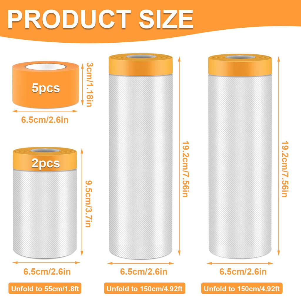 9Rolls Pre-Taped Masking Film Kit, 2 Sizes Self-Adhesive Painters Tape 22in×66ft/59in×66ft Paint Tape and Drape with 5Pcs Masking Tapes Pre-Taped Masking Paper for Painting Automotive DIY Project