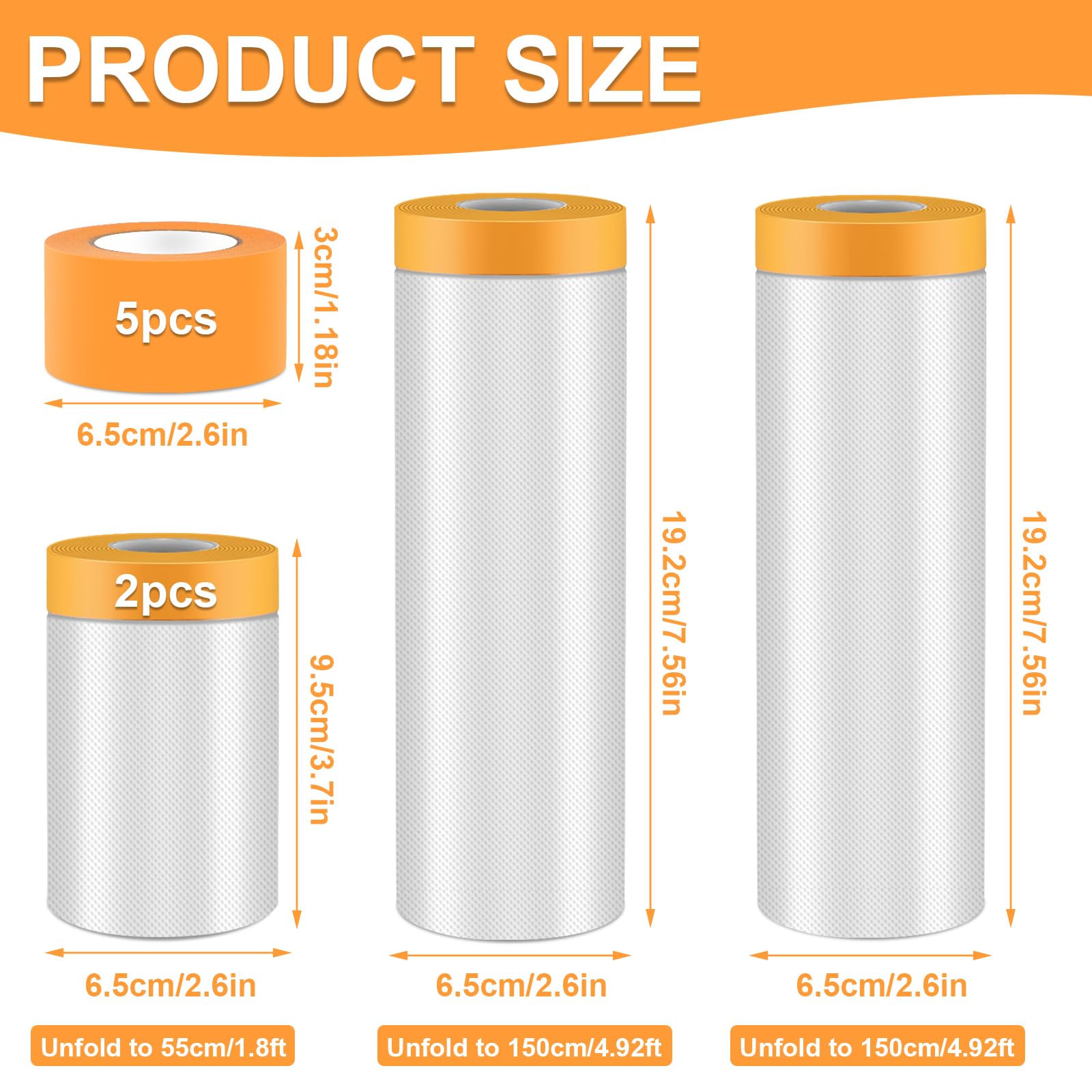 9Rolls Pre-Taped Masking Film Kit, 2 Sizes Self-Adhesive Painters Tape 22in×66ft/59in×66ft Paint Tape and Drape with 5Pcs Masking Tapes Pre-Taped Masking Paper for Painting Automotive DIY Project