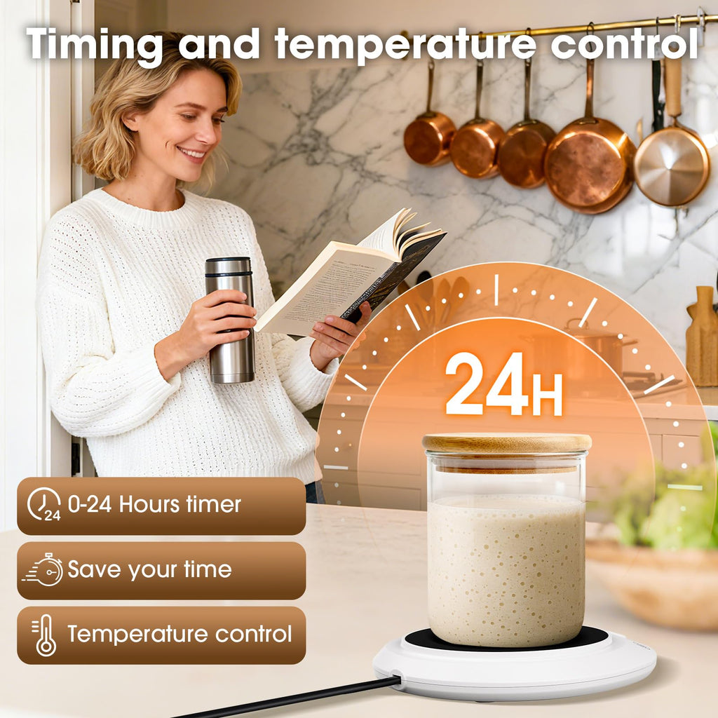 Sourdough Starter Warmer Mat, Precise 1°F Thermostat Control (70-120°F) Sourdough Heating Mat, Warmer for Sourdough Starter, 0-24h Timer, Auto On/Off, Memory Function (White)