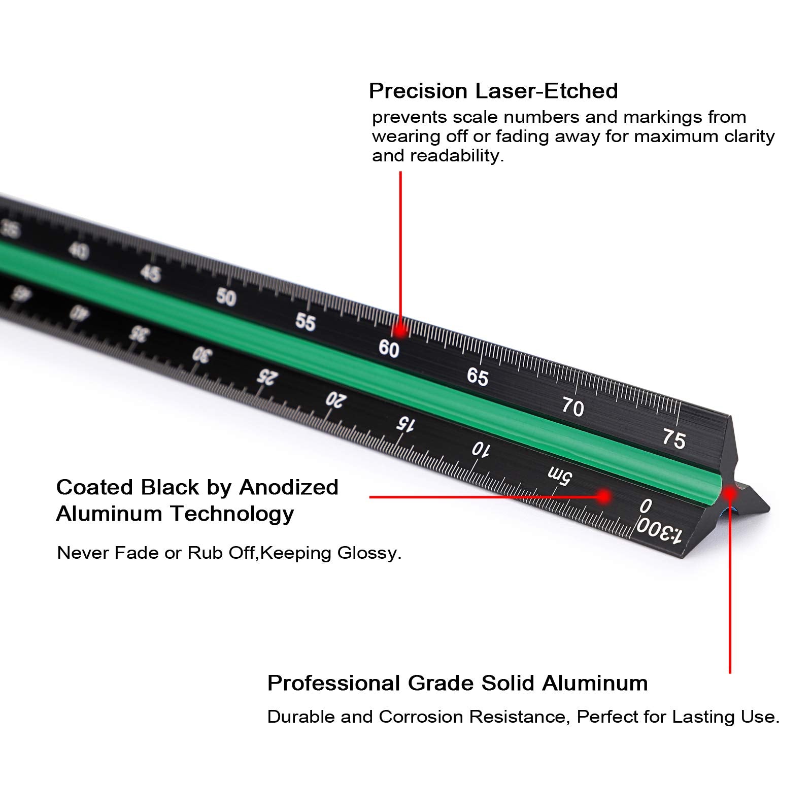 BTSKY 3 Pack 12 Inches Triangular Architectural Engineering Metric Scale Rulers with Standard Metric Conversion Ruler, Aluminum Scale Measuring Ruler Tool,Black with Red,Green,Blue