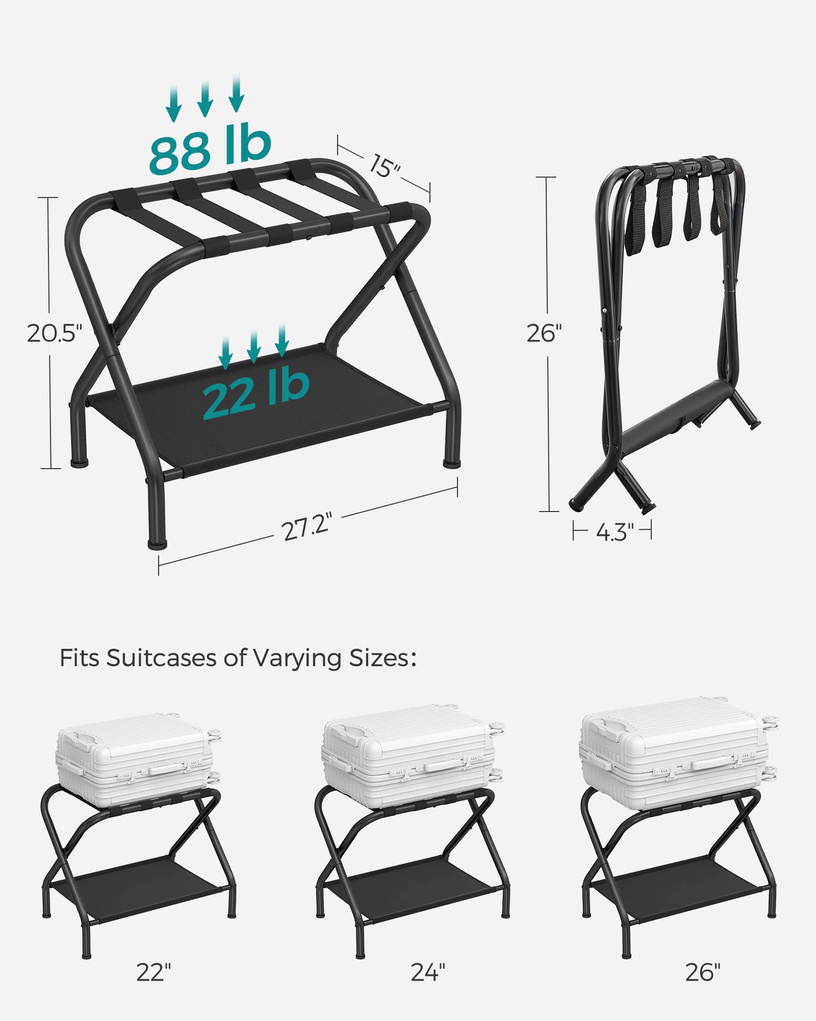 SONGMICS Luggage Rack, Suitcase Stand with Fabric Storage Shelf, for Guest Room, Bedroom, Hotel, Foldable, Holds up to 50 kg, 69 x 38 x 52 cm, Black URLR002B01V1