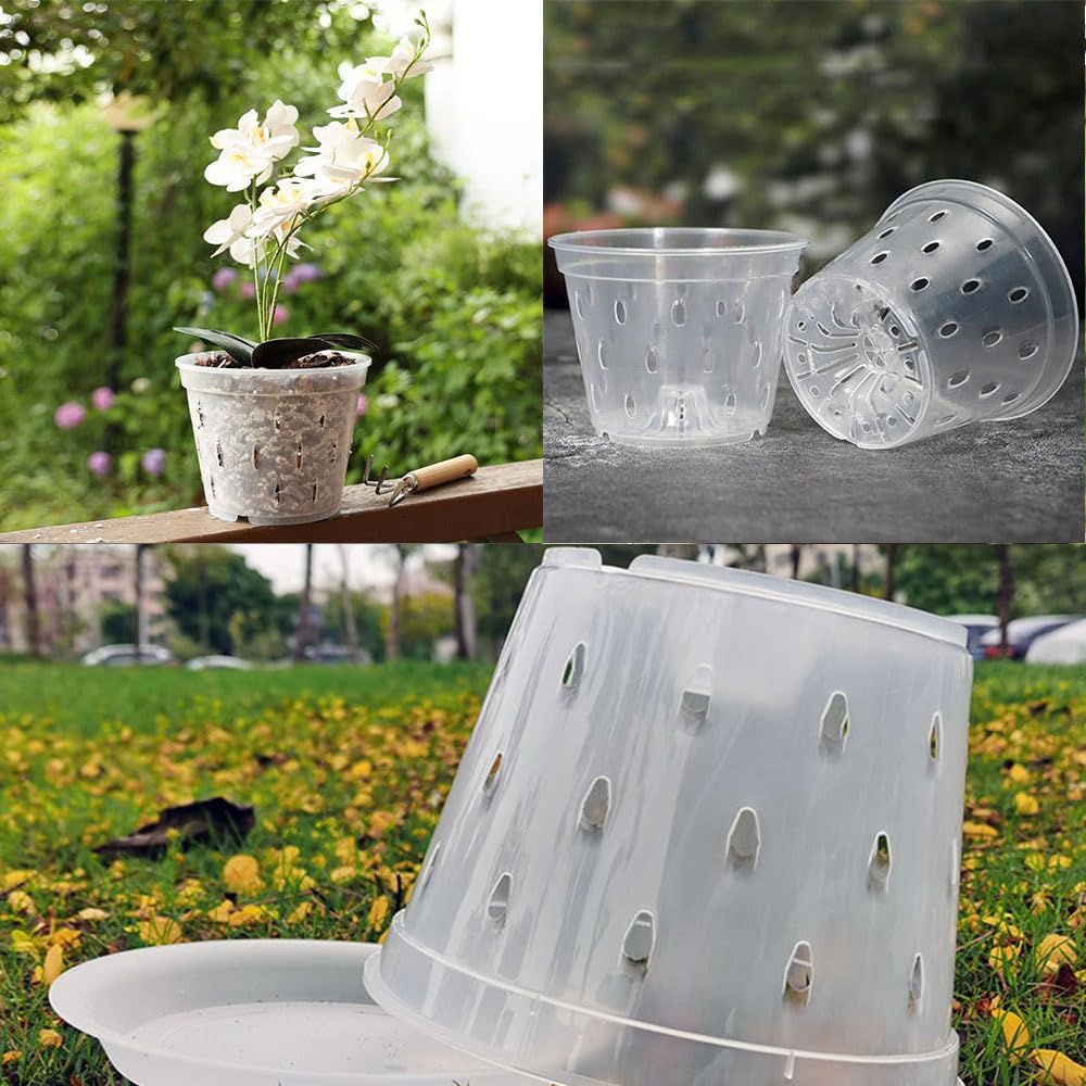 Naisfei 4 Packs Orchid Pot, Clear Orchid Pots for Repotting,7 inch Clear Orchid Pot with Holes and Saucers, Breathable Slotted Orchid Planters, Flower Plant Pots Indoor and Outdoor