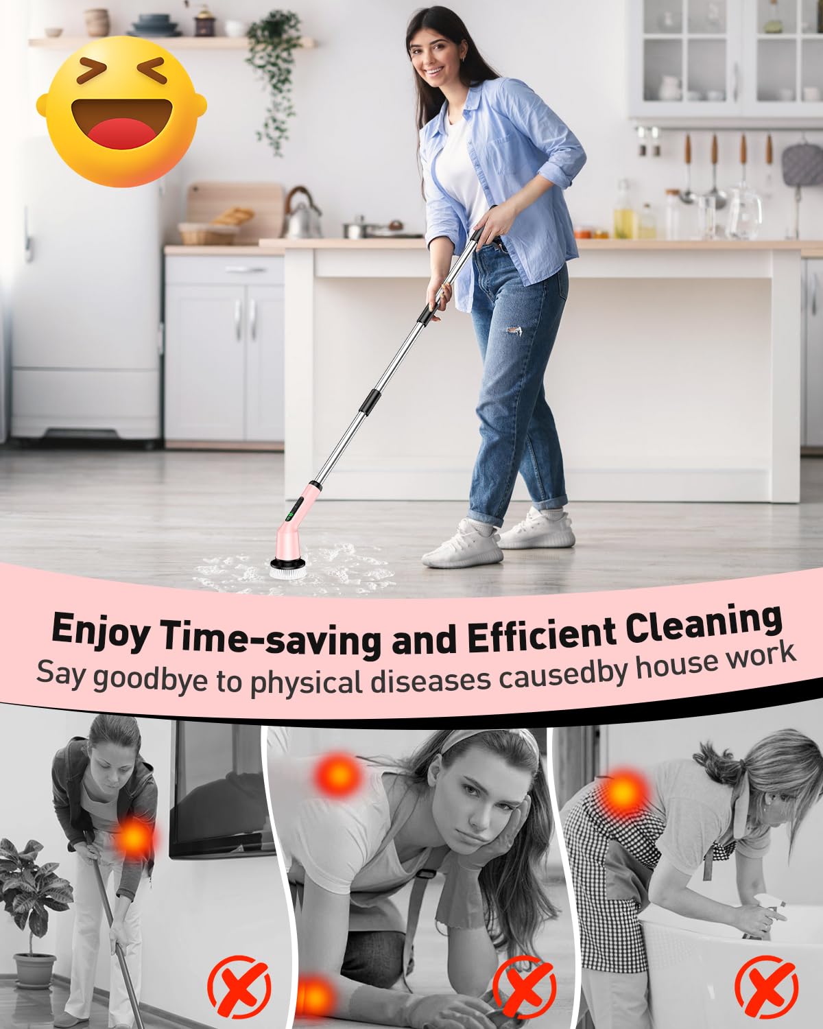 Electric Spin Scrubber for Cleaning Bathroom, Shower Scrubber Cordless Cleaning Brush with IPX7 Waterproof & 2 Speed, 3 Brush Heads, Bathroom Cleaning Supplies for Shower Tub Kitchen Toilet Pink
