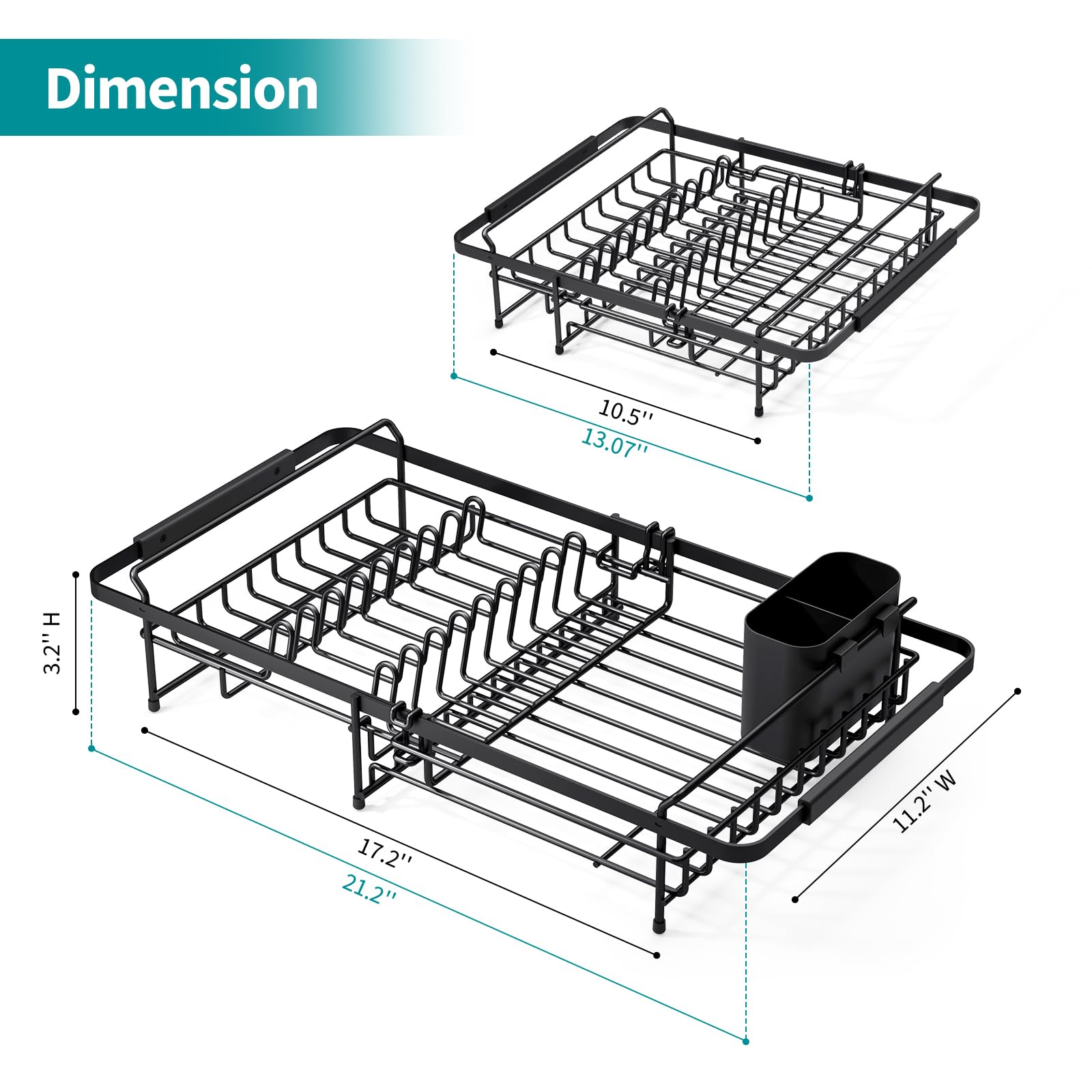 Urackify Expandable Dish Drying Rack Over The Sink, Adjustable Dish Rack in Sink, Rustproof Dish Drainer for Kitchen Counter, Dish Strainer with Utensil Holder