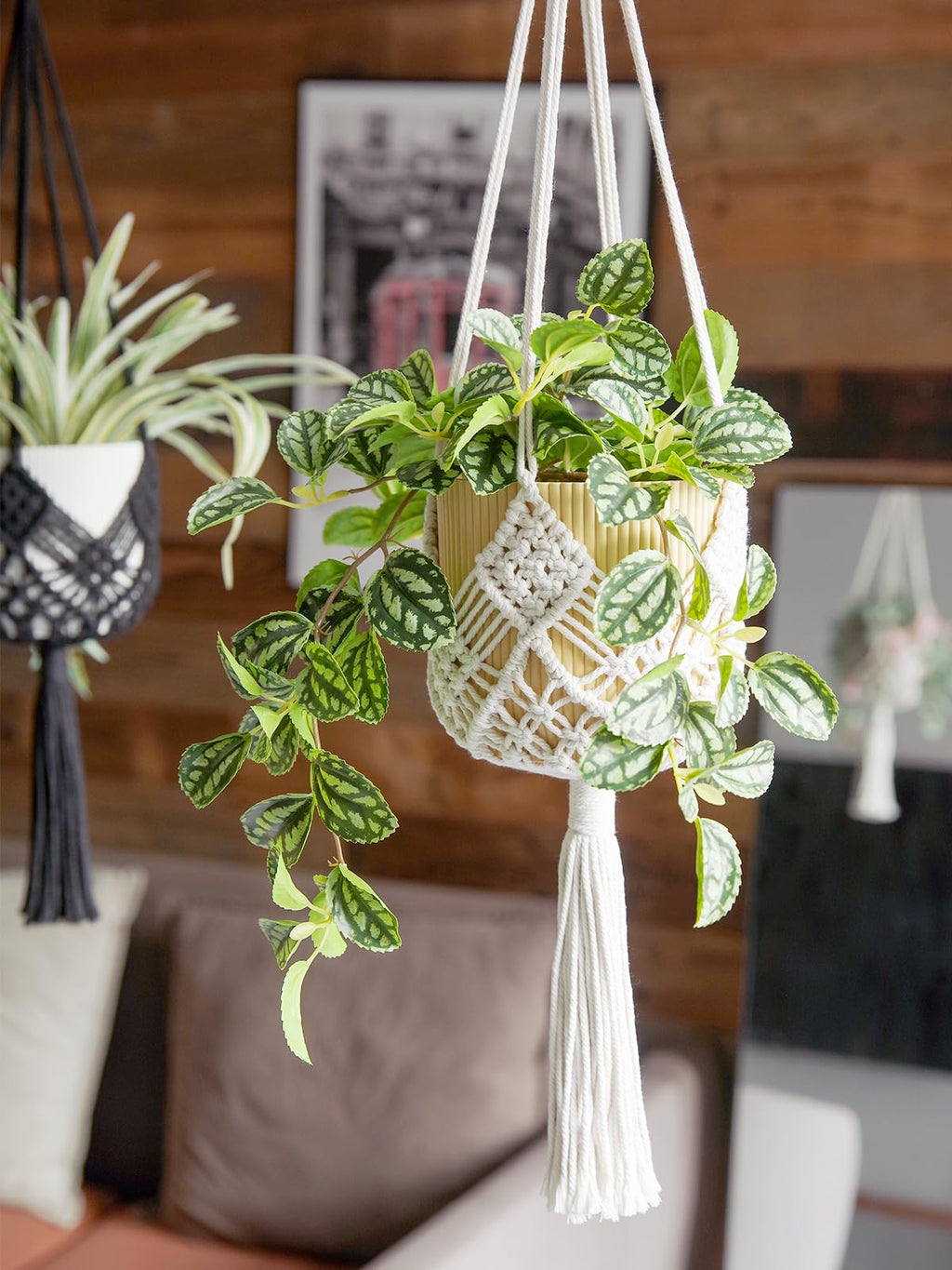 Macrame Plant Hangers Indoor Macrame for up to 8 inch Pot Crochet Boho Plant Hanger Holder for Indoor Outdoor with 2 S Shaped Stainless Steel Hooks (White)
