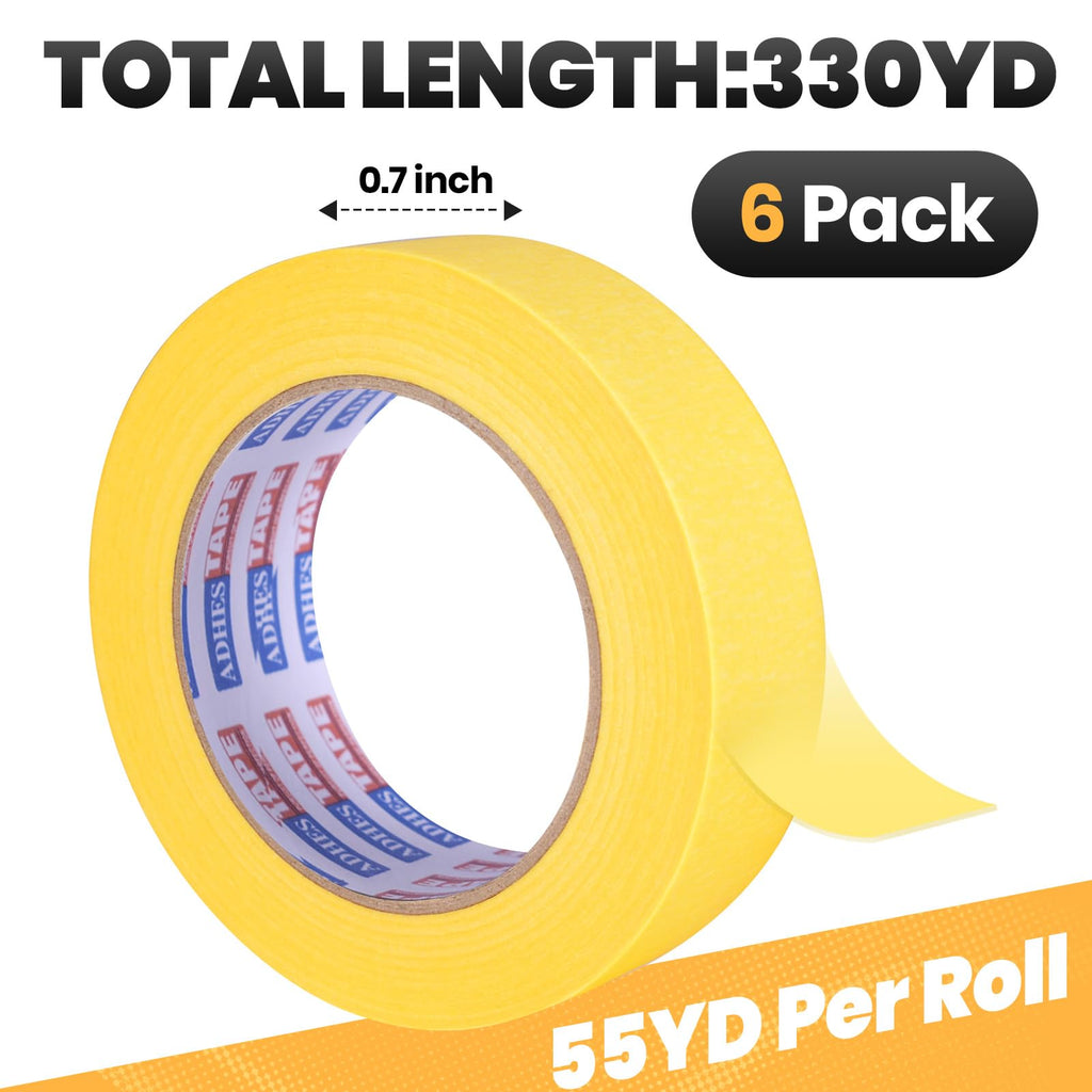 ADHES Yellow Painters Tape Yellow Masking Tape, 0.7 inch x 55 Yards x 6 Rolls, No Residue Wall Safe Tape for Home Wall Painting, Building, School Stationery, Labeling, 14 Days Clean Remove