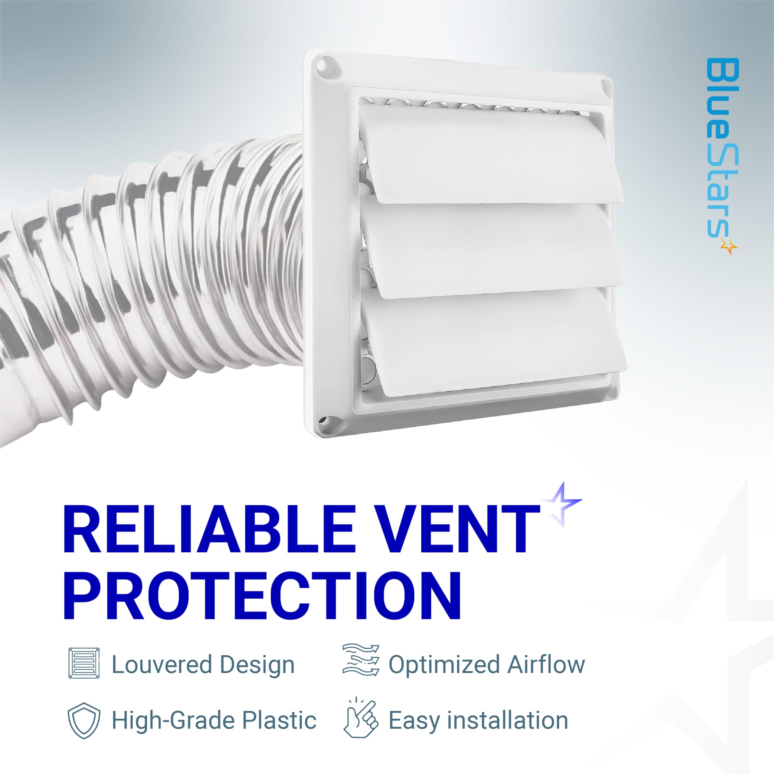 [UPGRADED] 2 PACKS Ultra Durable Louvered Outdoor Dryer Vent Cover for 4" Opening Hood Duct by BlueStars - Outdoor White Exhaust Cap Prevents Birds, Rain And Snow For Long-lasting Use