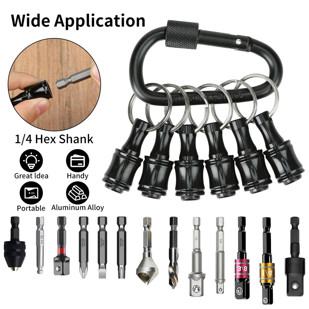 Upgrade 12 Pcs Bit Holder Keychain with 2 Black Carabiner, 1/4 Inch Hex Shank Screwdriver Bits Holder, Screw Adapter Quick Release Hand-Held Impact Socket Holder for Electric Screwdrivers (Black-2set)