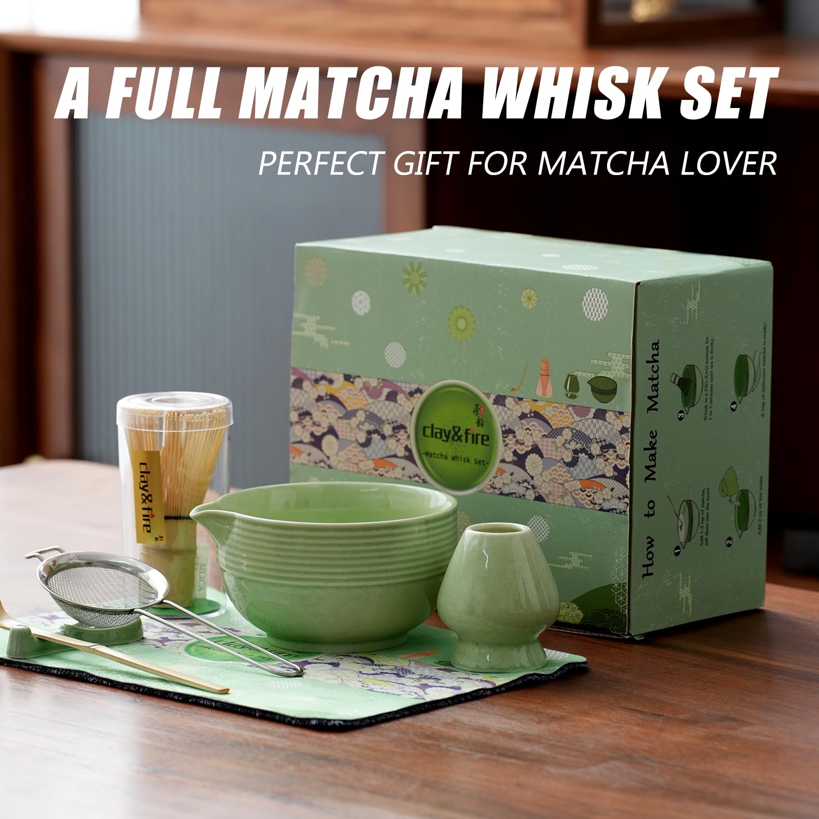 Clay&Fire Matcha Whisk Set, 9 Pcs Ceramic Matcha Set, Matcha Bowl with Spout and Whisk, Matcha Tea Kit for Matcha Lovers, Ideal Gift for Friend