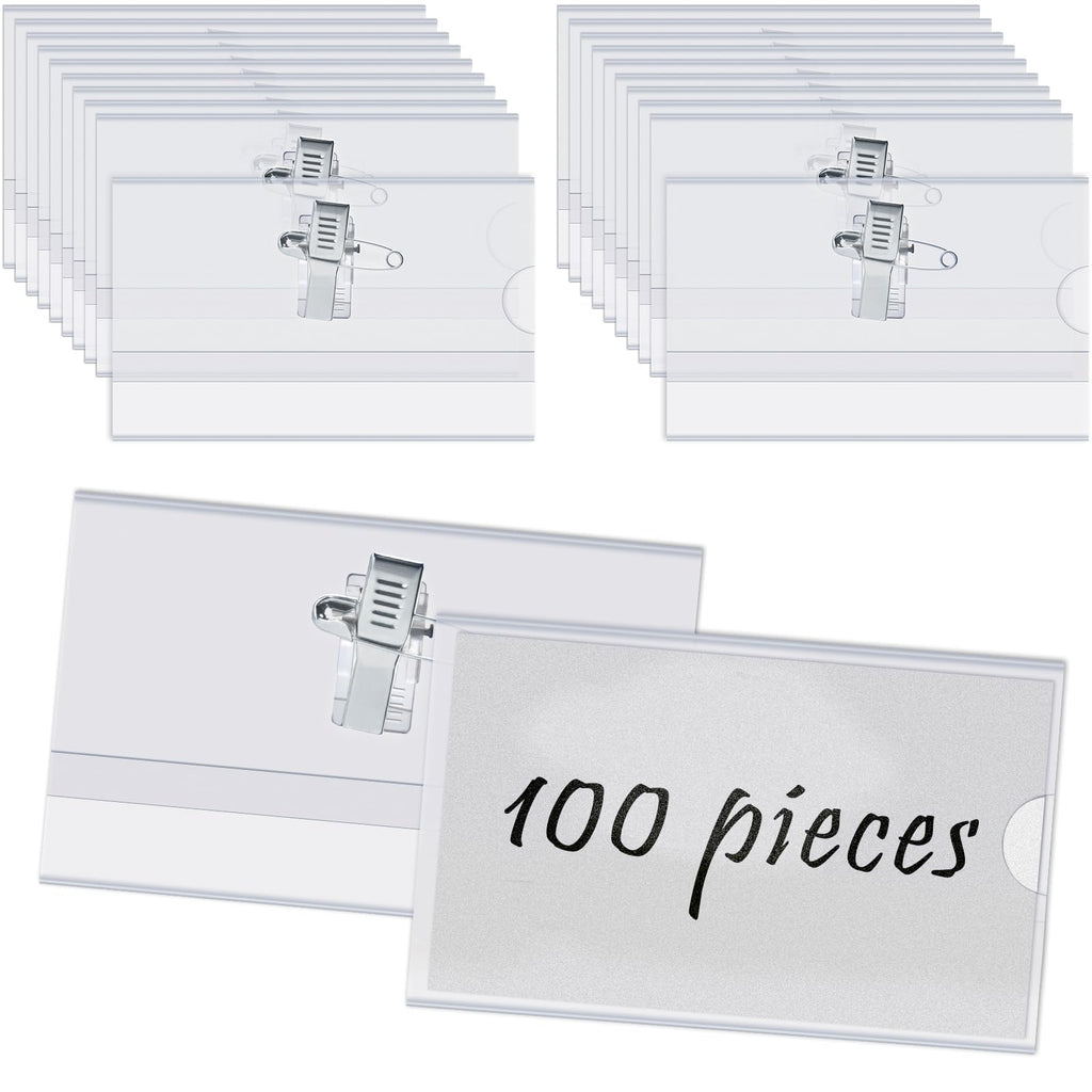 BUYGOO 100 Pack Combi Clip Name Badge Holders with Pin, Name Tag Pins, Badge Pin Holder, Horizontal Clear Badges with Pins for School, Offices, Events, Conference (3.55×2.25 inch)