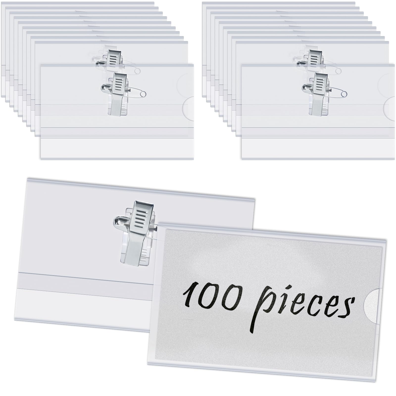 BUYGOO 100 Pack Combi Clip Name Badge Holders with Pin, Name Tag Pins, Badge Pin Holder, Horizontal Clear Badges with Pins for School, Offices, Events, Conference (3.55×2.25 inch)