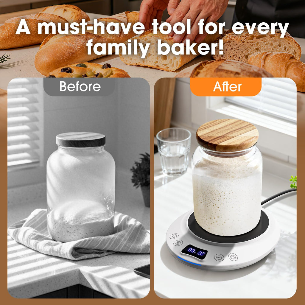 Sourdough Starter Warmer Mat, Precise 1°F Thermostat Control (70-120°F) Sourdough Heating Mat, Warmer for Sourdough Starter, 0-24h Timer, Auto On/Off, Memory Function (White)