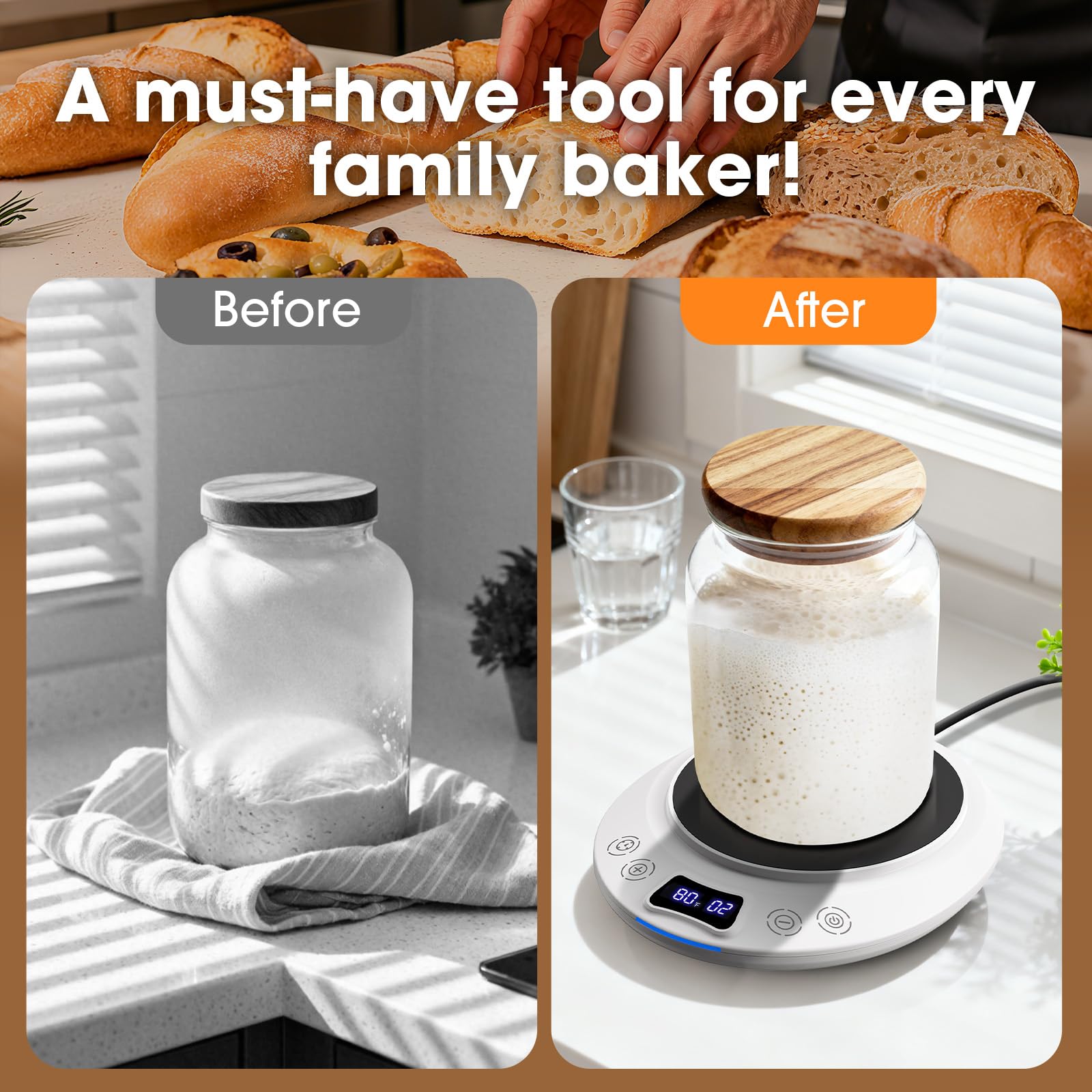 Sourdough Starter Warmer Mat, Precise 1°F Thermostat Control (70-120°F) Sourdough Heating Mat, Warmer for Sourdough Starter, 0-24h Timer, Auto On/Off, Memory Function (White)