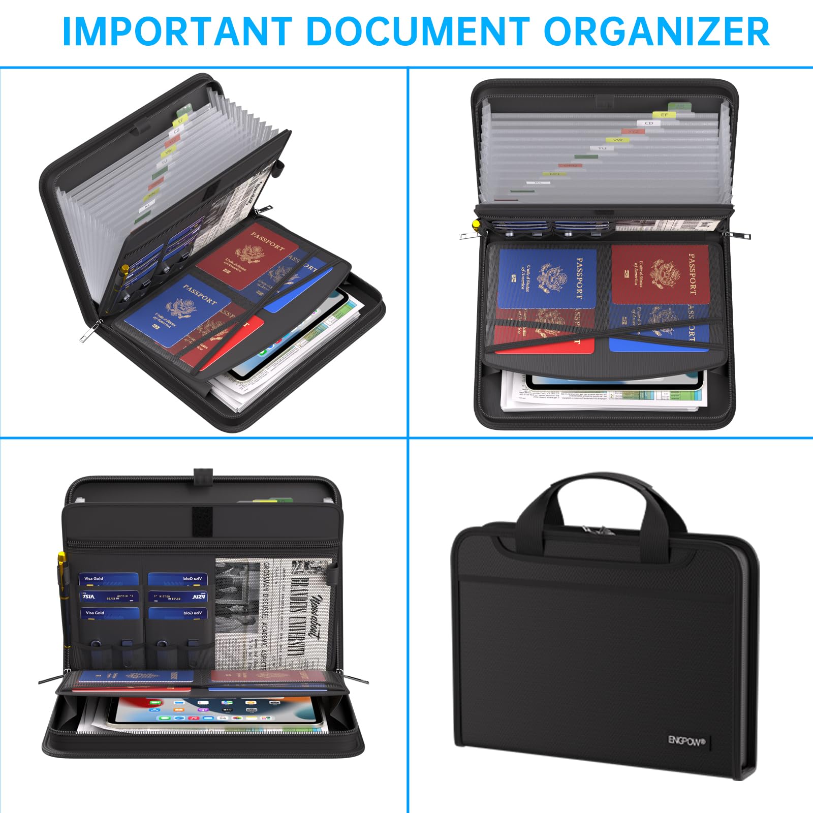 ENGPOW Accordion File Organizer,Fireproof Expanding File Folder with Multi Pockets,13 Pockets Document Organizer with Handle & Labels,Portable Home Travel Safe Storage for Letter A4 Files and More