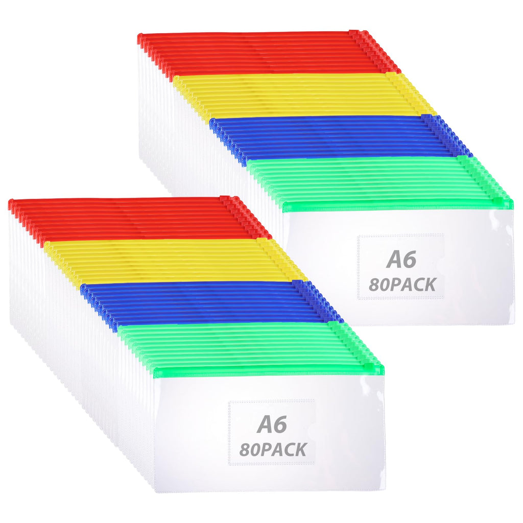 ABuff 80 PCS Poly Zip Envelope, A6 Size Small Plastic Envelope Waterproof Zipper Pouches with Label Pocket, Reusable Clear Pencil Bags Cash Envelopes for School Office Supplies, 4 Color, 9 x 4.7 Inch