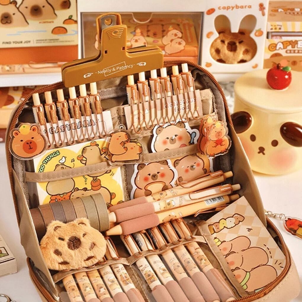 Capybara Pencil Case Stationery Set, Cute Large Capacity Pen Pouch Holds 120 Pens with 12-Layer Design, Complete Back to School Supplies Kit for Middle School Students, Accessories