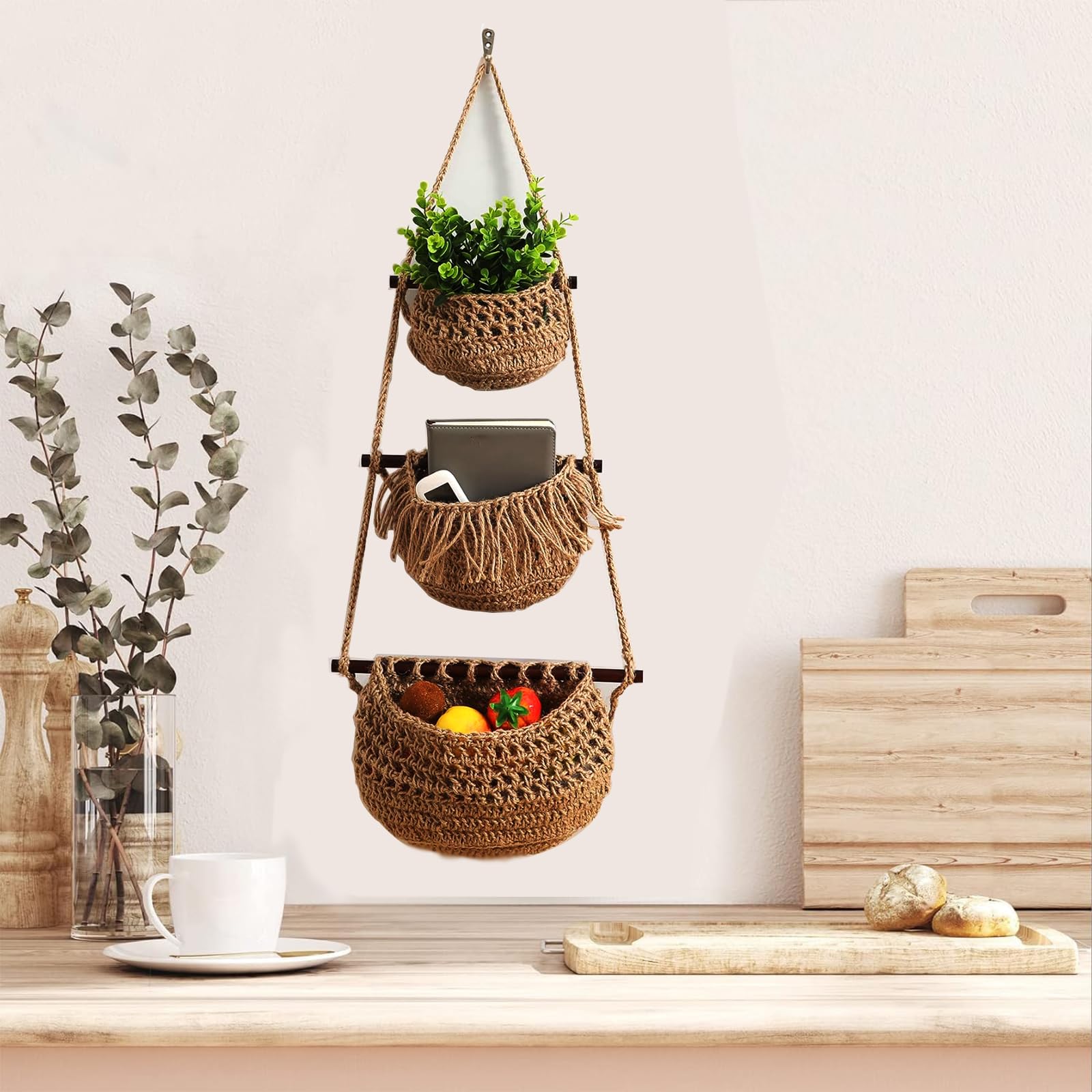 FEISHIONG 3 Tier Cotton Woven Boho Fruit & Veggie Hanging Basket,Wall Mounted Storage Planter for Kitchen,Bedroom & Over the Door Organizer,Eco-Friendly, Durable & Stylish Home Deco