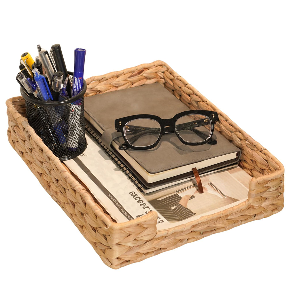 PINXIURY Water Hyacinth Letter Tray for A4 File Desk Mail Letter-Size Paper, Basket Woven Organizer, Magazine Files Storage, Office Document Organizer and Storage
