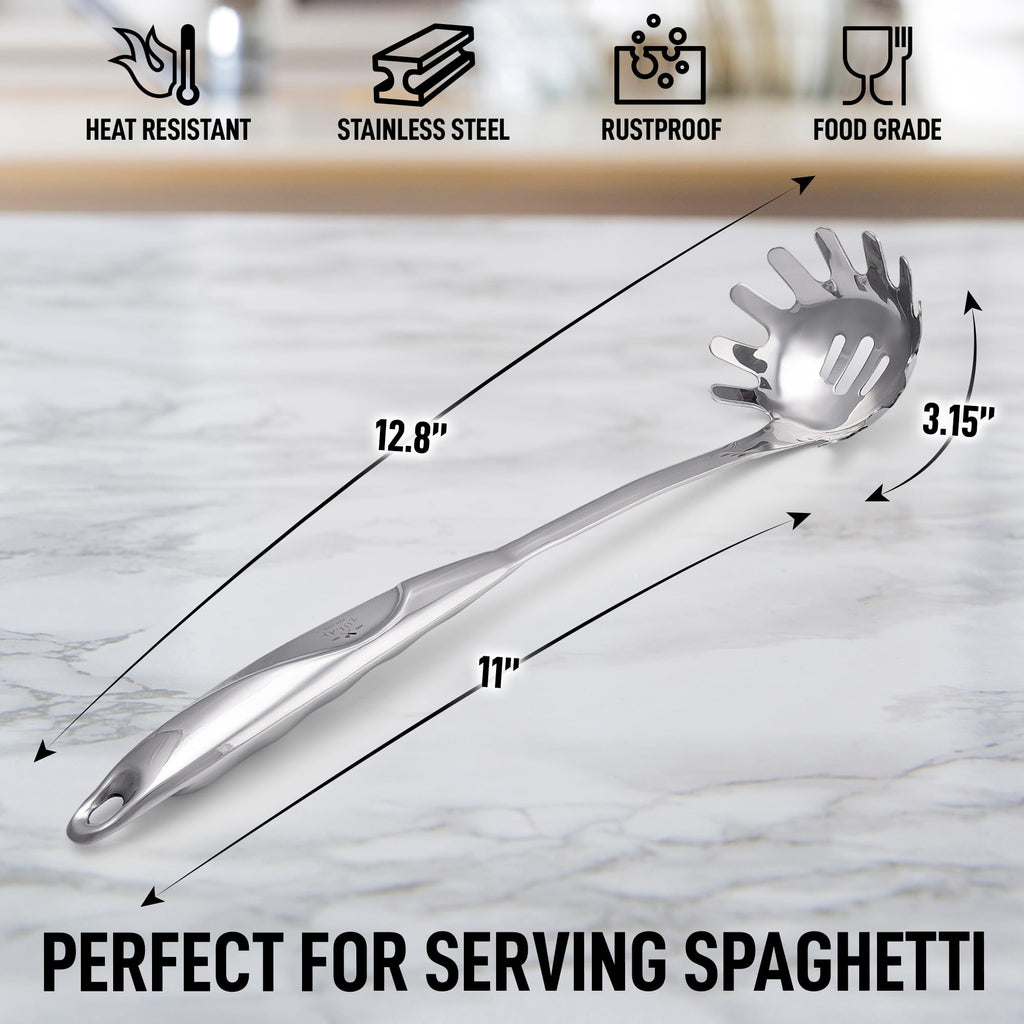 Zulay Kitchen Pasta Server - Durable Food Grade Stainless Steel Pasta Spoon Server with Ergonomic Handle & Heat Resistant Design - Kitchen Spaghetti Server Fork for Noodles, Pasta, & More (12 inch)