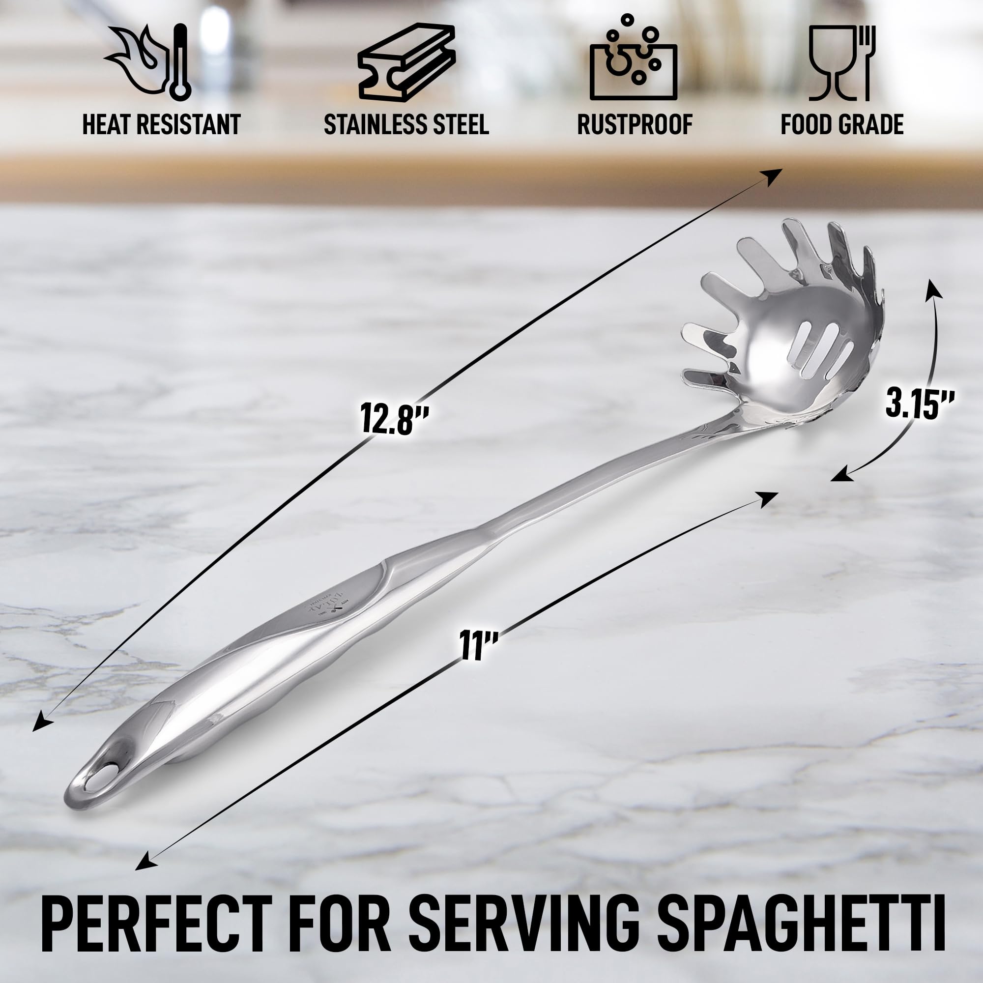 Zulay Kitchen Pasta Server - Durable Food Grade Stainless Steel Pasta Spoon Server with Ergonomic Handle & Heat Resistant Design - Kitchen Spaghetti Server Fork for Noodles, Pasta, & More (12 inch)