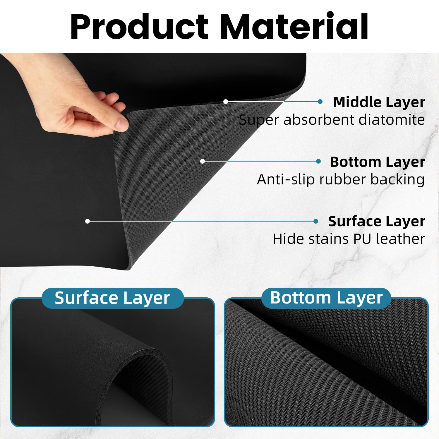 PoYang 24"x16" Coffee Mat Large, Coffee Bar Accessories for Countertop, Absorbent Dish Drying Mat, Anti-Slip and Hide Stain Pad for Espresso Machine, Espresso Maker and Kitchen Counter, Black