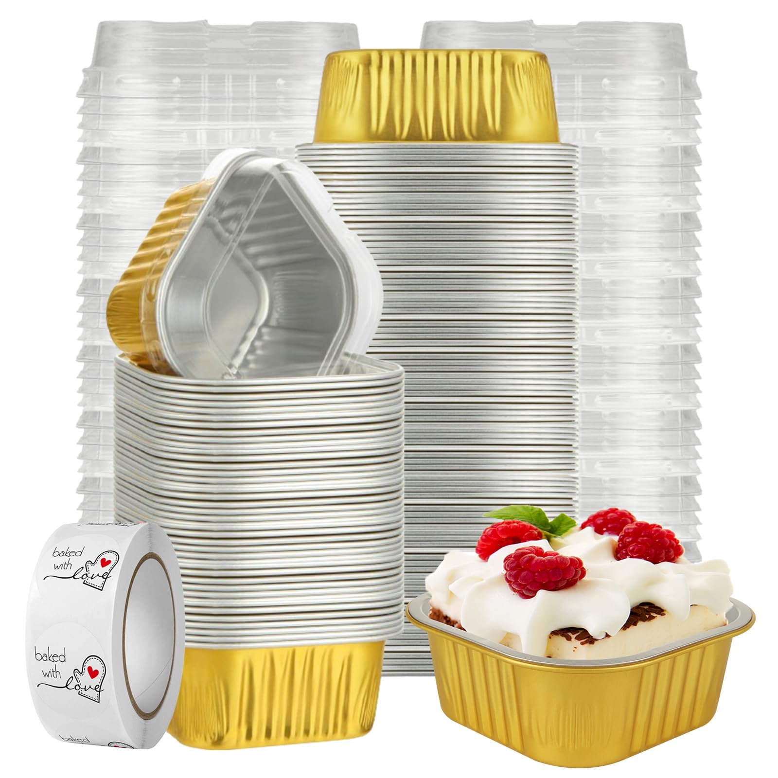 100Pcs Aluminum Foil Disposable Ramekins with Lids, 5.5oz Small Baking Cups Mini Cake Pans with Lids, Individual Cake Tins Square Cupcake Dessert Cake Containers Mini Loaf Pans for Cheesecake Muffin