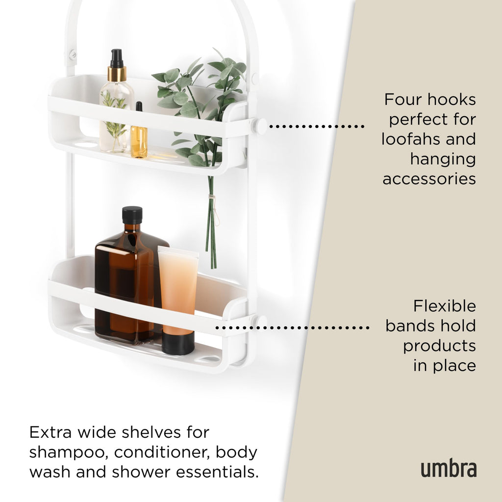 Umbra Flex Hanging Shower Caddy with 2 Shelves, Bathtub Shelf and Bathroom Organizer, White