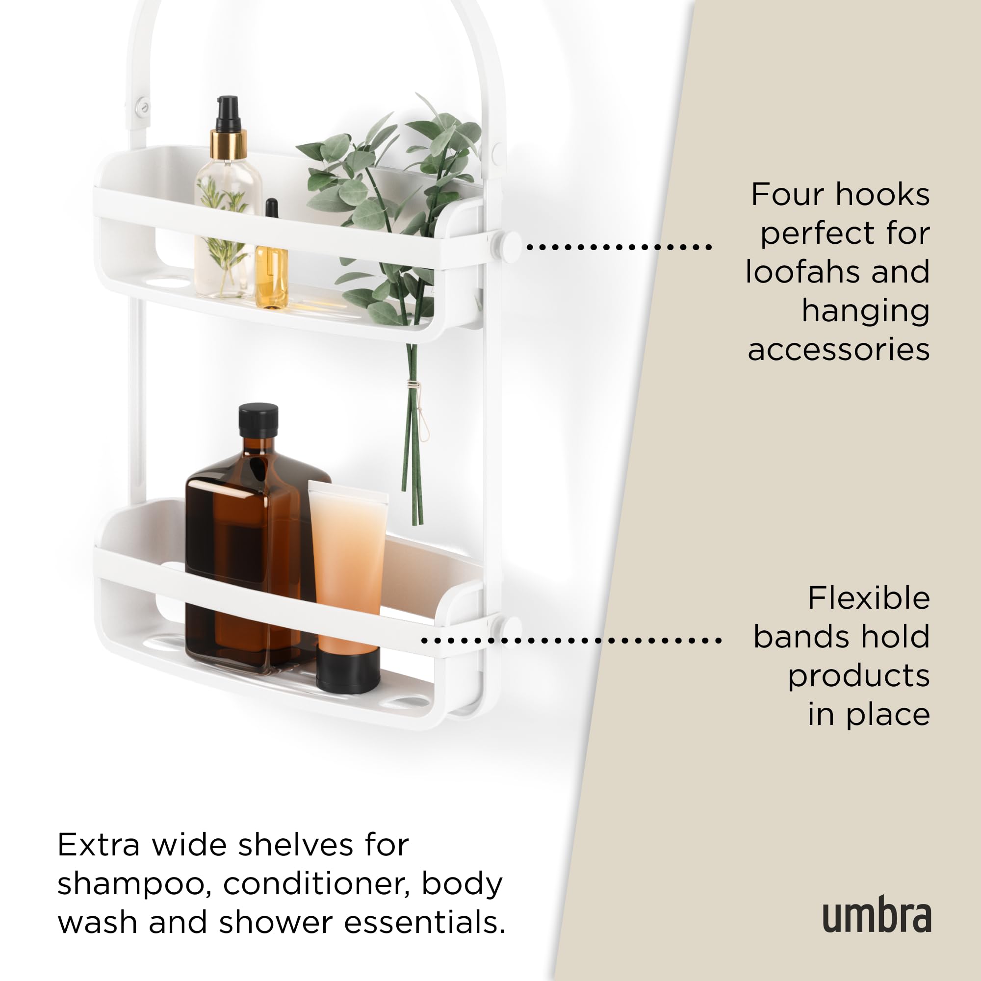 Umbra Flex Hanging Shower Caddy with 2 Shelves, Bathtub Shelf and Bathroom Organizer, White
