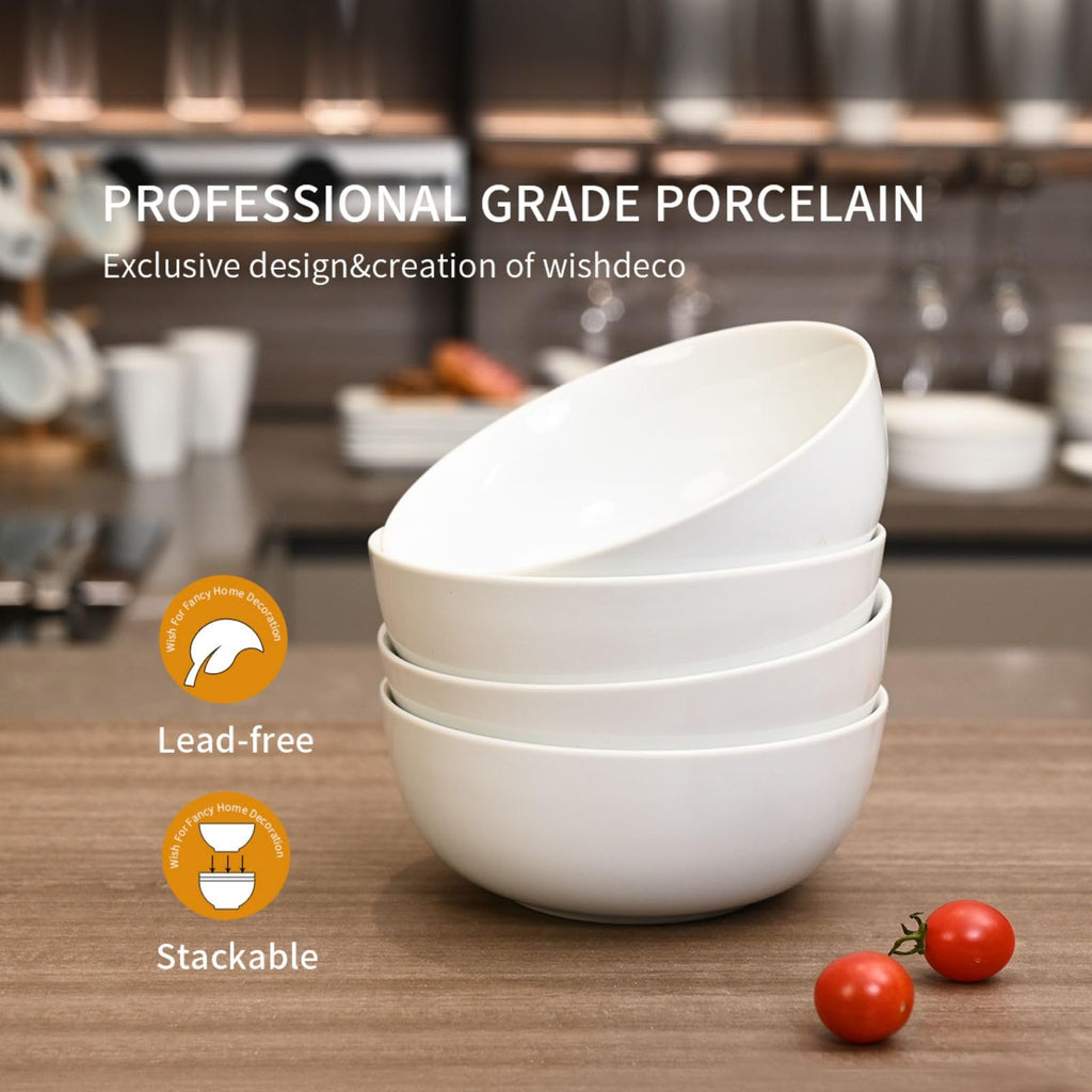 WishDeco Cereal Bowls Set of 4, Ceramic Soup Bowls 20 oz / 600 ml, Breakfast Bowls 6 inch / 15 cm, White Bowls for Dessert, Oatmeal, Pasta, Noodle, Salad, Rice