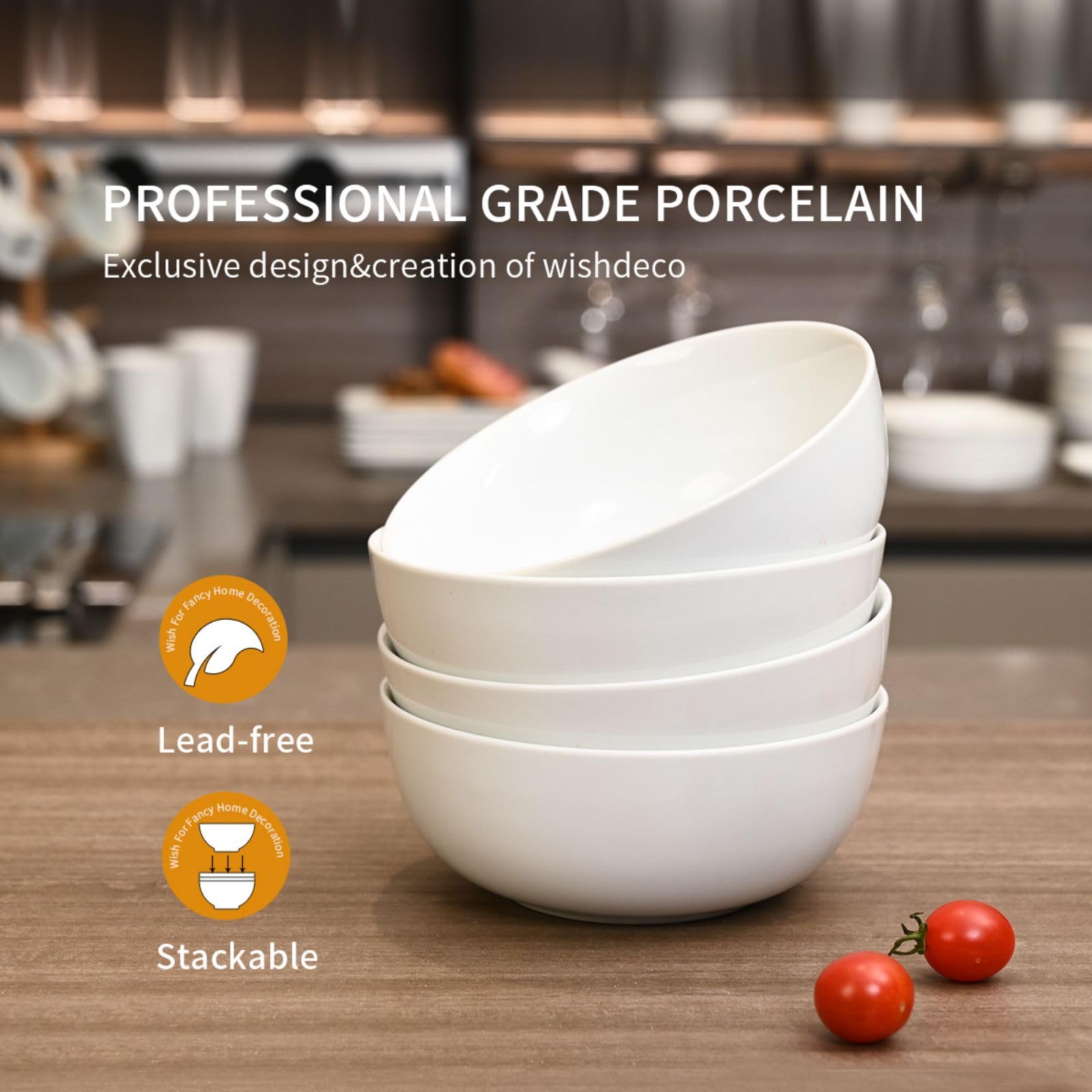 WishDeco Cereal Bowls Set of 4, Ceramic Soup Bowls 20 oz / 600 ml, Breakfast Bowls 6 inch / 15 cm, White Bowls for Dessert, Oatmeal, Pasta, Noodle, Salad, Rice