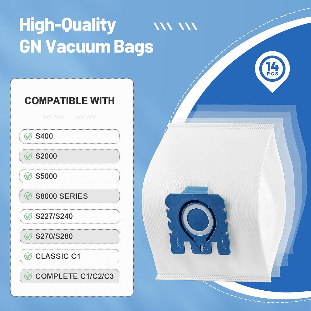 14 Pack 3D GN Vacuum Dust Bags Replacements for Miele Classic C1, Complete C2 C3, S227 S240, S270, S400, S400i, S600, S2, S5, S8 Series 4 Motor Protection Filters,4 AirClean Filters