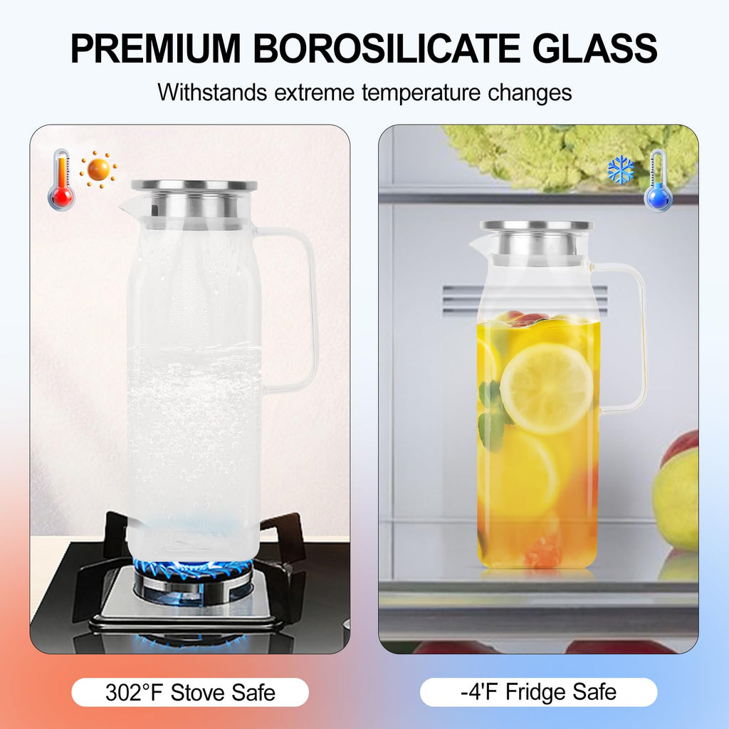 2 Pack (2 Liter 68 oz) Square Glass Pitcher with Lid and Spout, Easy Clean Heat Resistant, Borosilicate Glass Carafe for Hot/Cold Drink, Large Jug for Iced Tea, Coffee, Juice, Milk, Beverage