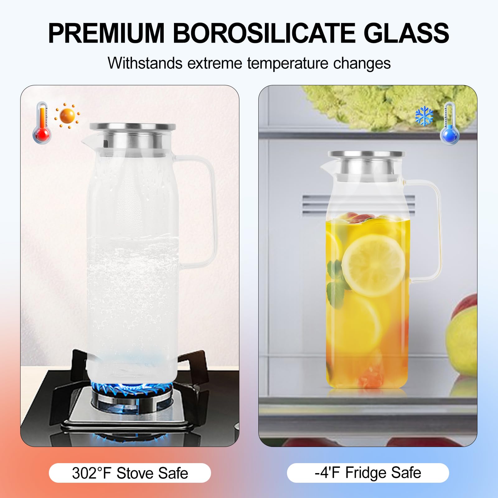 2 Pack (2 Liter 68 oz) Square Glass Pitcher with Lid and Spout, Easy Clean Heat Resistant, Borosilicate Glass Carafe for Hot/Cold Drink, Large Jug for Iced Tea, Coffee, Juice, Milk, Beverage