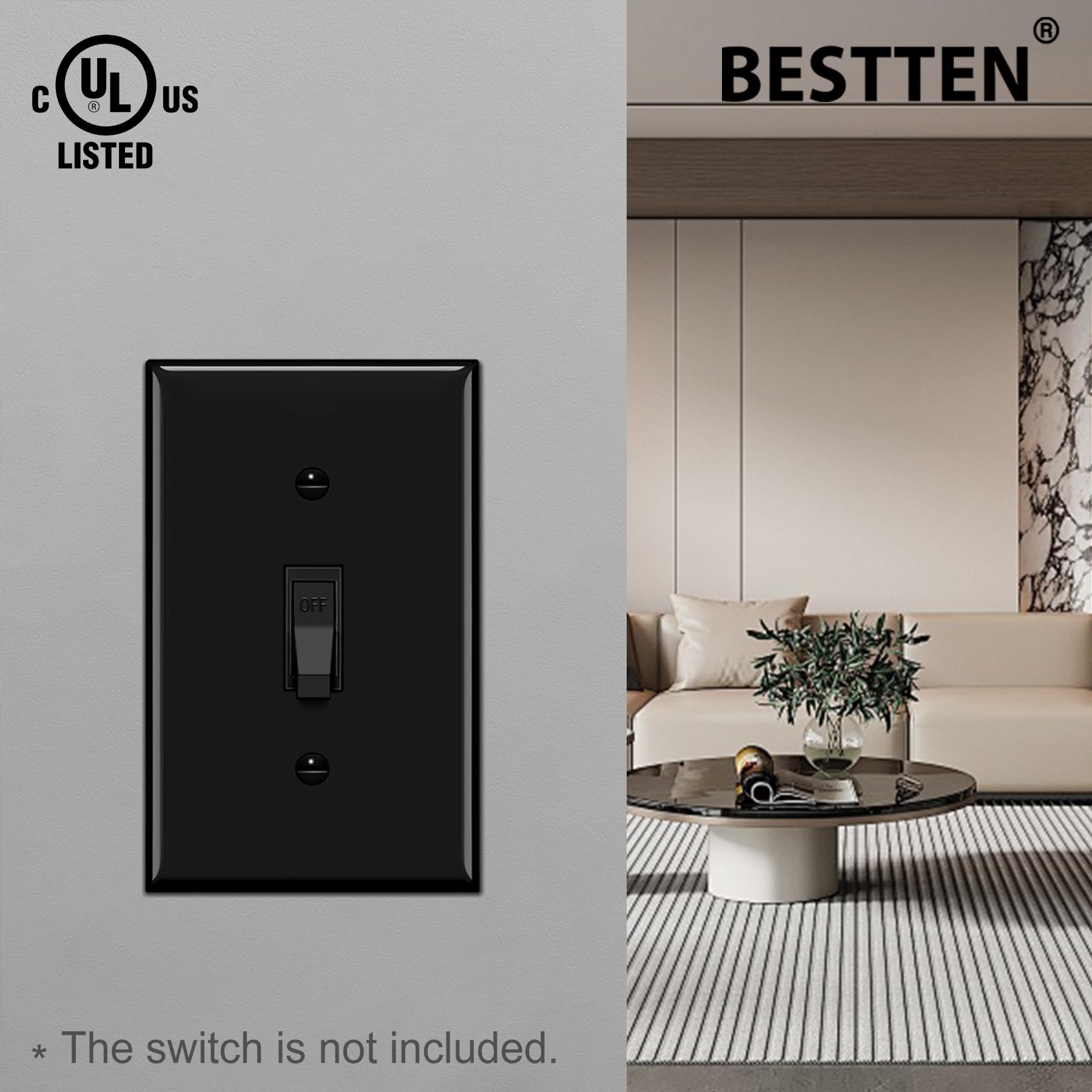 BESTTEN [10 Pack] 1-Gang Toggle Wall Plate, Unbreakable Polycarbonate Light Switch Cover, Standard Size, cUL Listed, Black