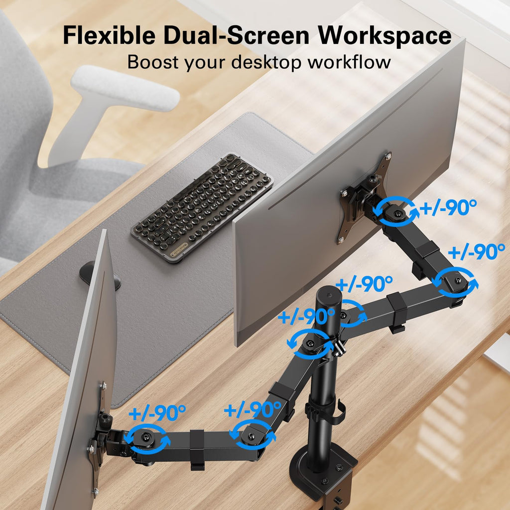 HUANUO Dual Monitor Stand for 13-30 Inch Screens | 22lbs Per Arm| 75x75mm & 100x100mm VESA | C-Clamp & Grommet Mount | Includes Cable Management & USB Support