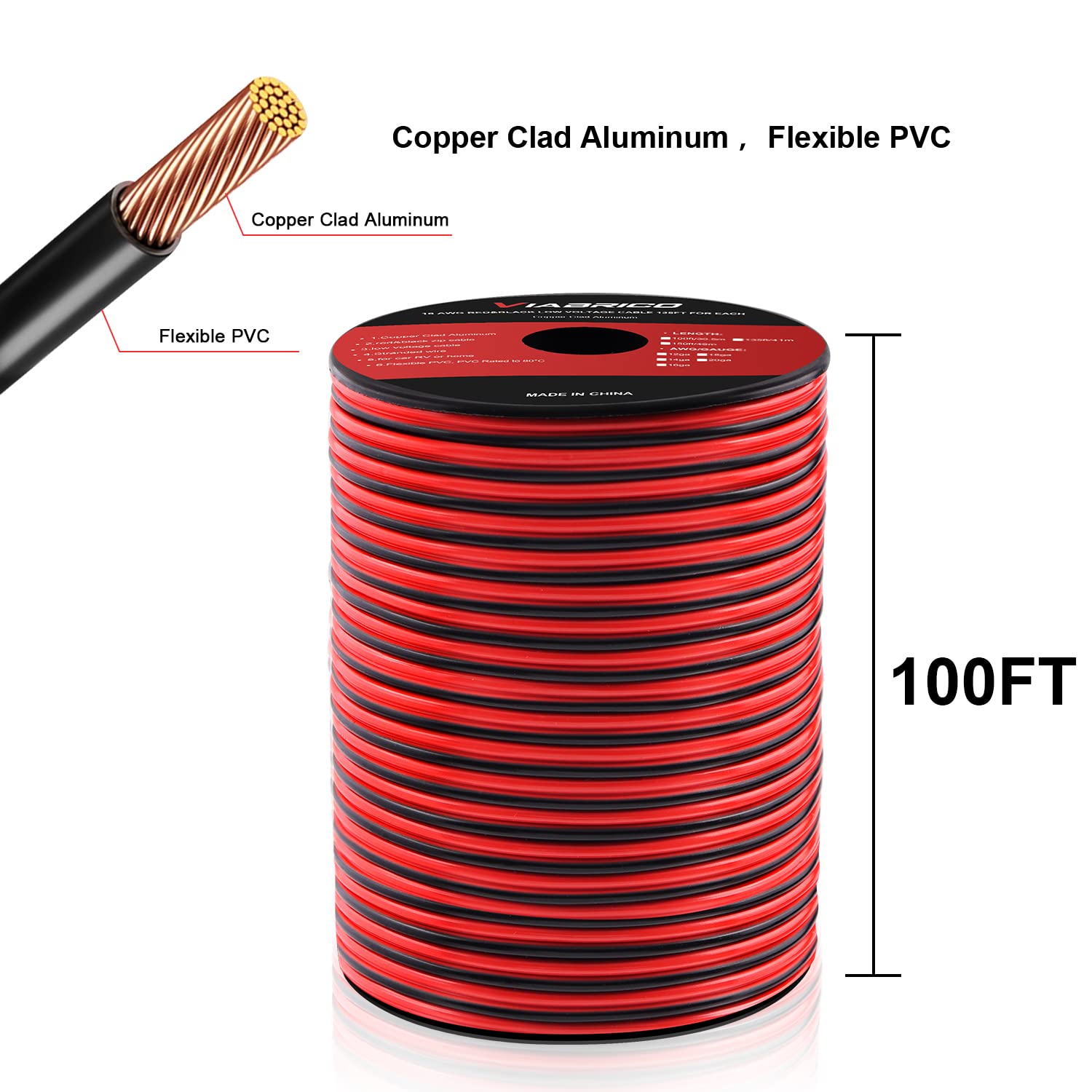 VIABRICO 16 AWG Gauge Electrical Wire, 100FT 2 Conductor Red Black Hookup Cable for 12V/24V DC LED Strips, Landscape, Marine, Car Speaker, Automotive